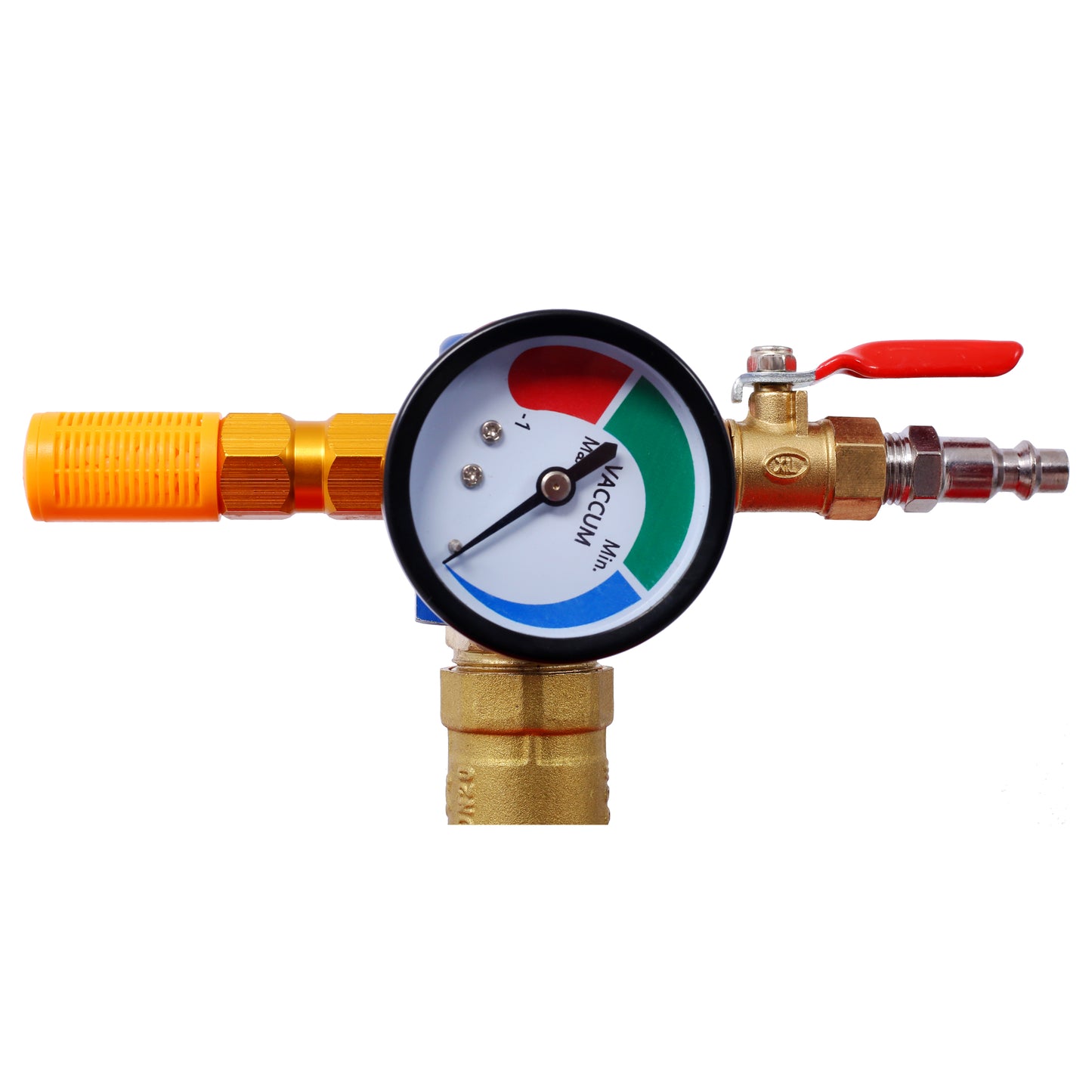 Brass vacuum gauge with red green and blue indicators for pressure readings