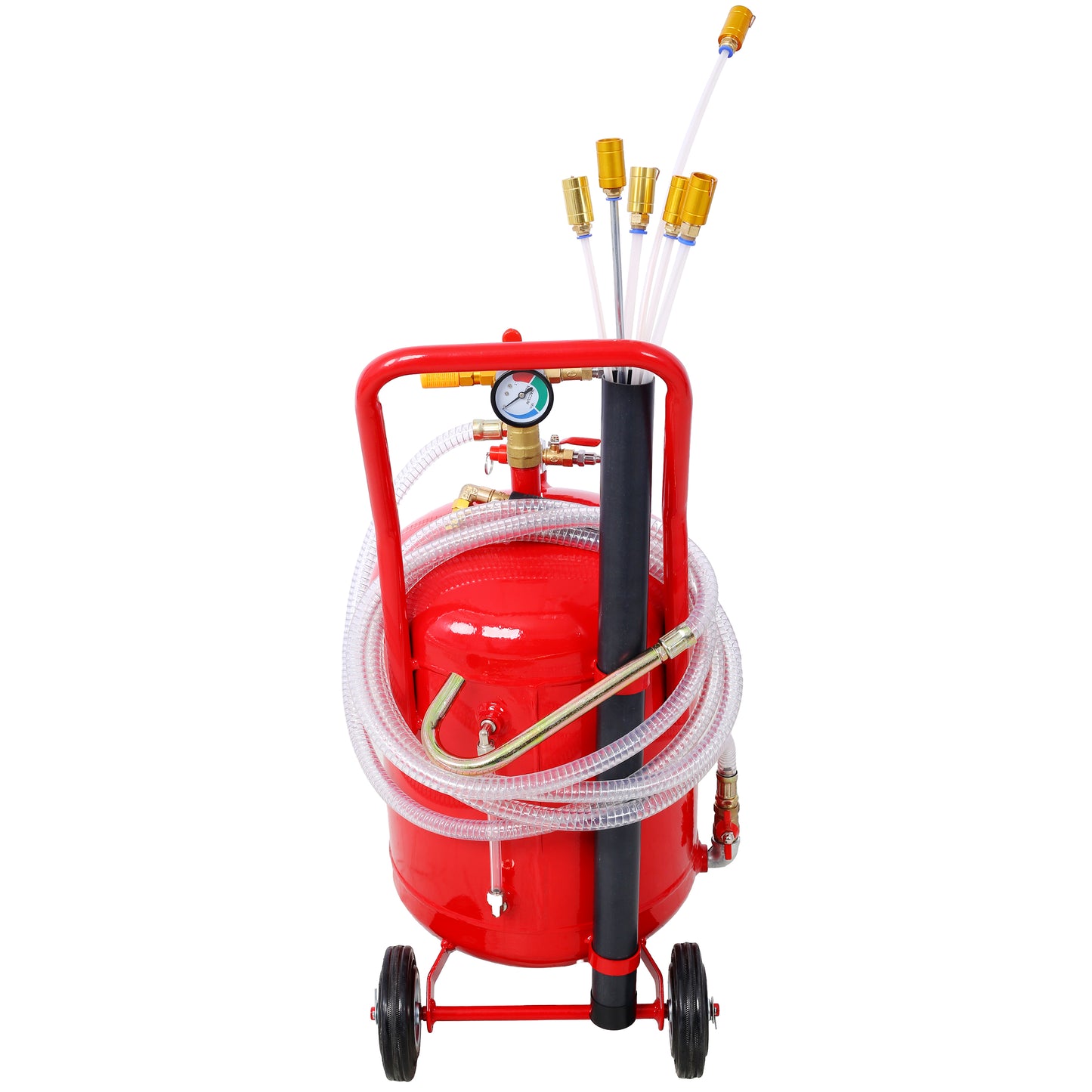 Red portable sandblaster tank with pressure gauge hoses and multiple blaster nozzles for abrasive cleaning