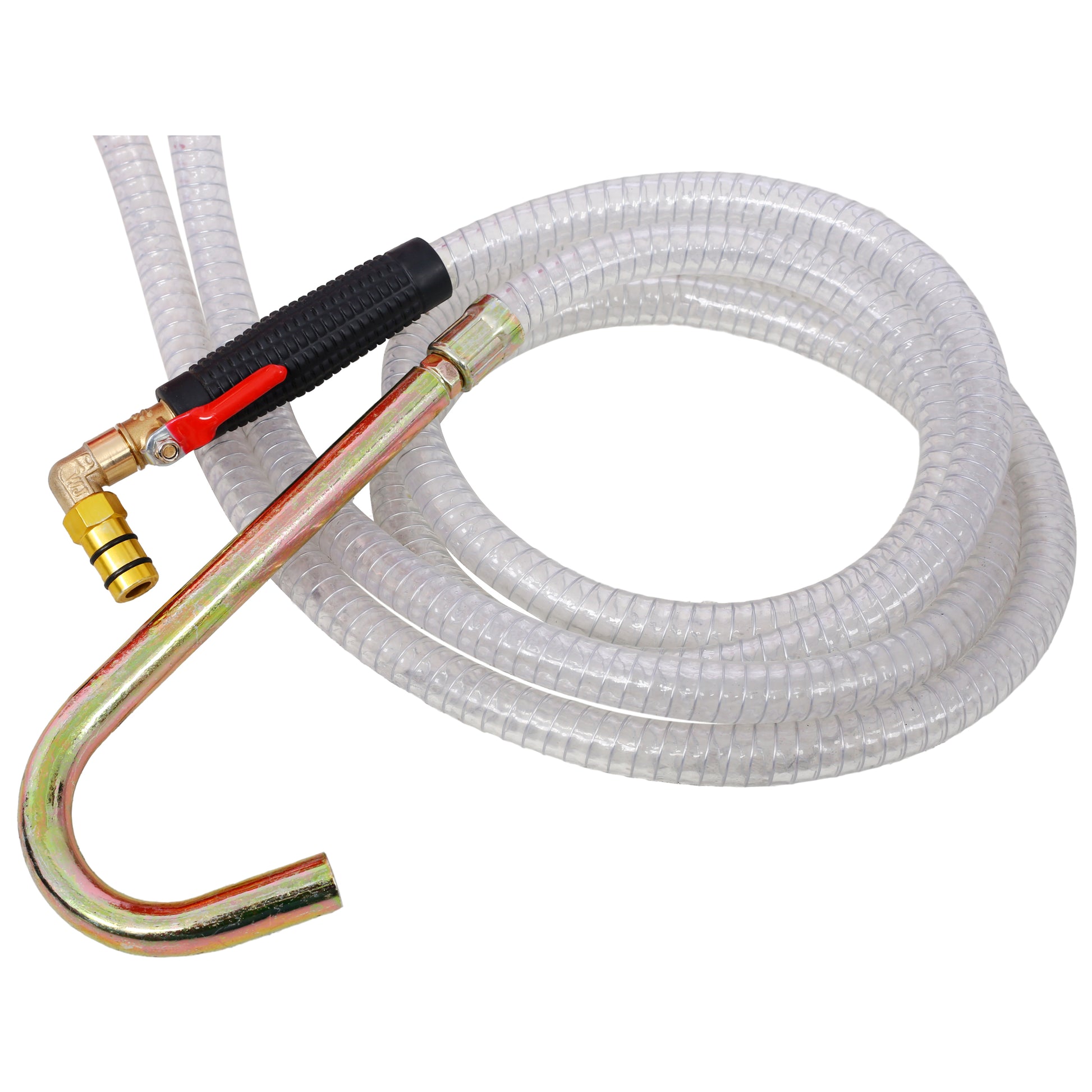 Clear vinyl siphon hose with metal hook and brass fitting