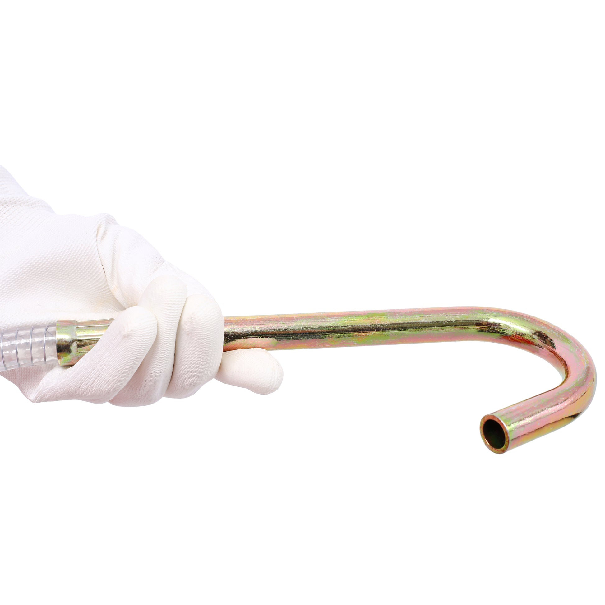 Gloved hand holding a bent zincplated steel rod with a clear hose attachment