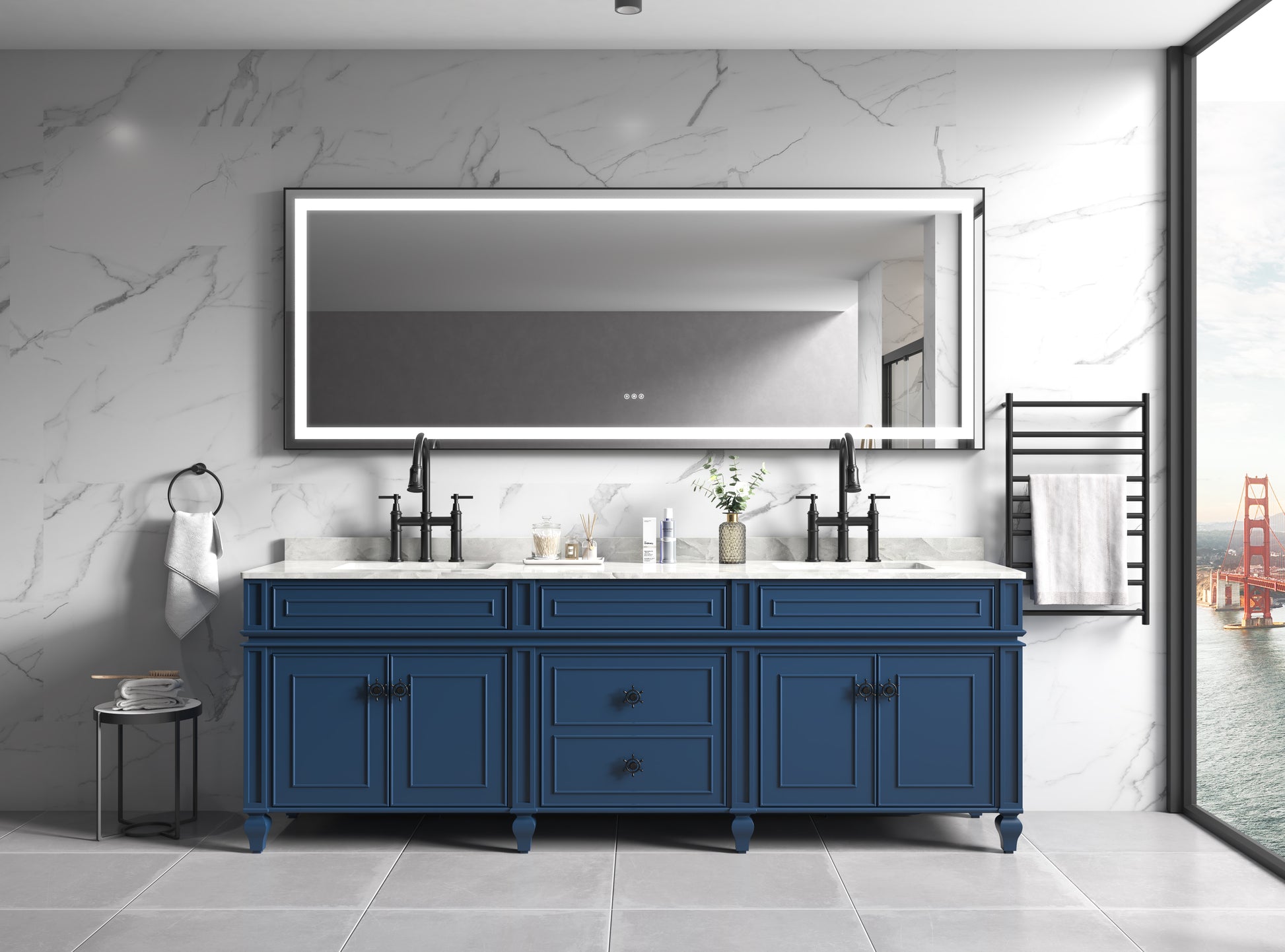 Elegant navy blue double bathroom vanity with marble countertop and brass fixtures