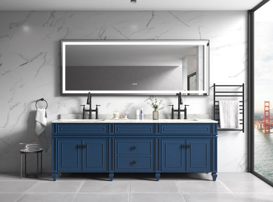 Elegant navy blue double bathroom vanity with marble countertop and brass fixtures
