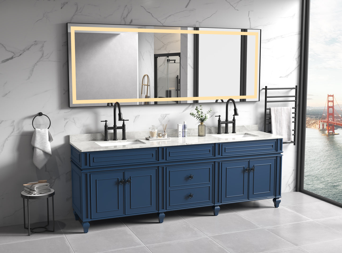 Dark blue vanity with dual sinks marble countertop and integrated mirror with LED lighting