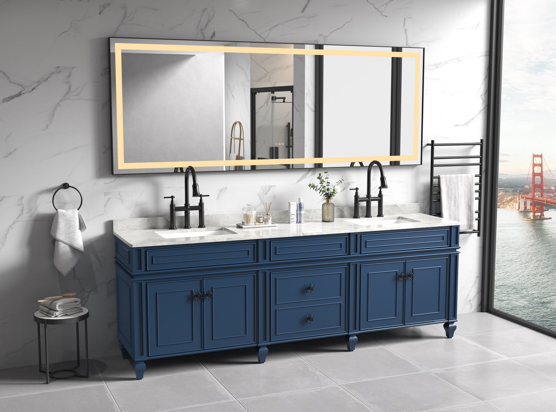 Dark blue vanity with dual sinks marble countertop and integrated mirror with LED lighting