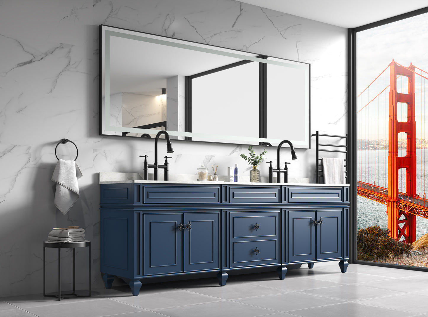 Elegant navy blue bathroom vanity with double sinks and matte black faucets
