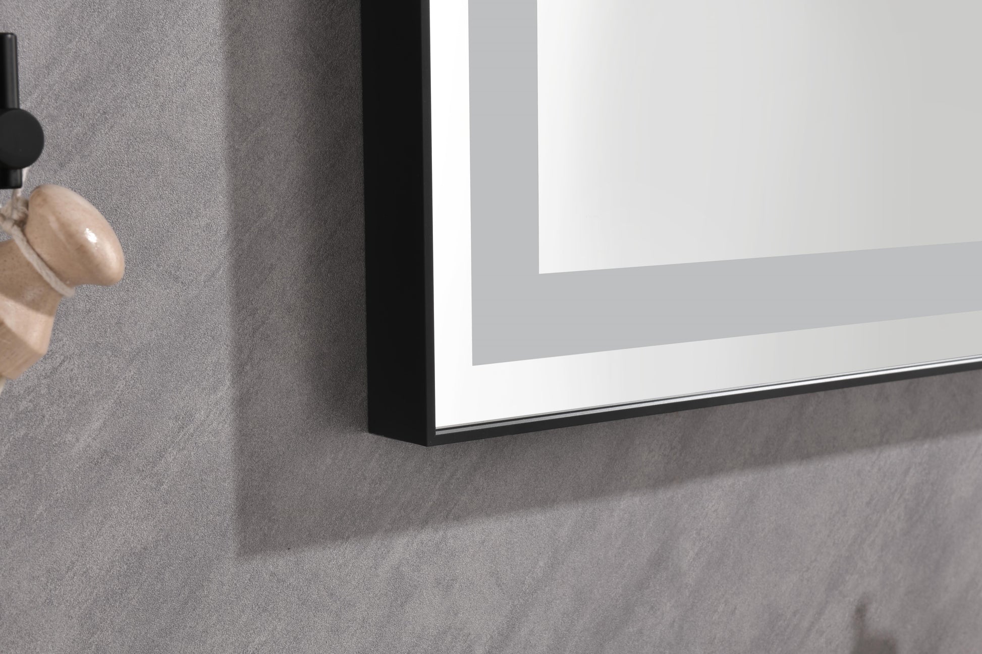 Modern black framed LED bathroom mirror with frosted glass accent