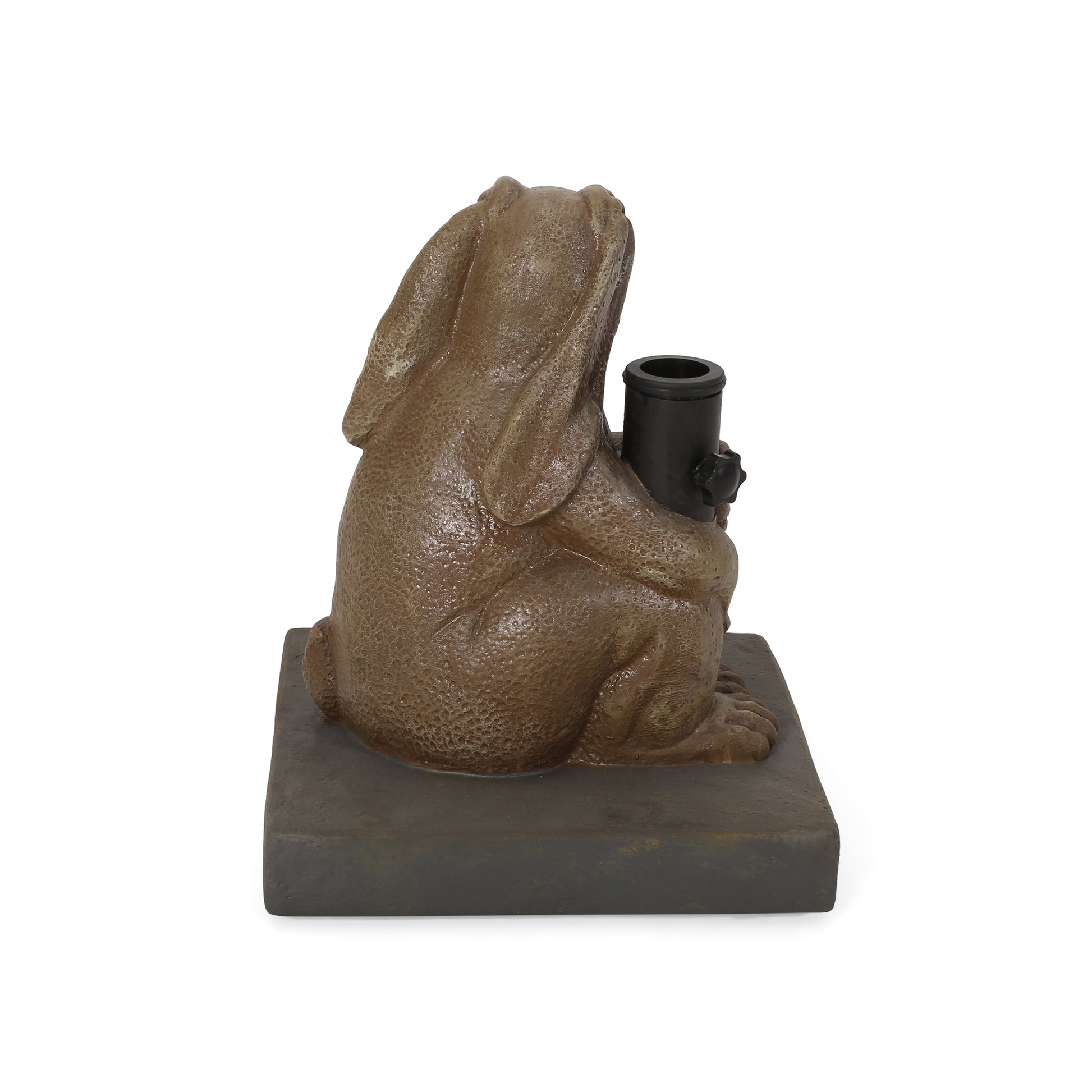 Brown textured bunny statue holding a black pipe garden decor
