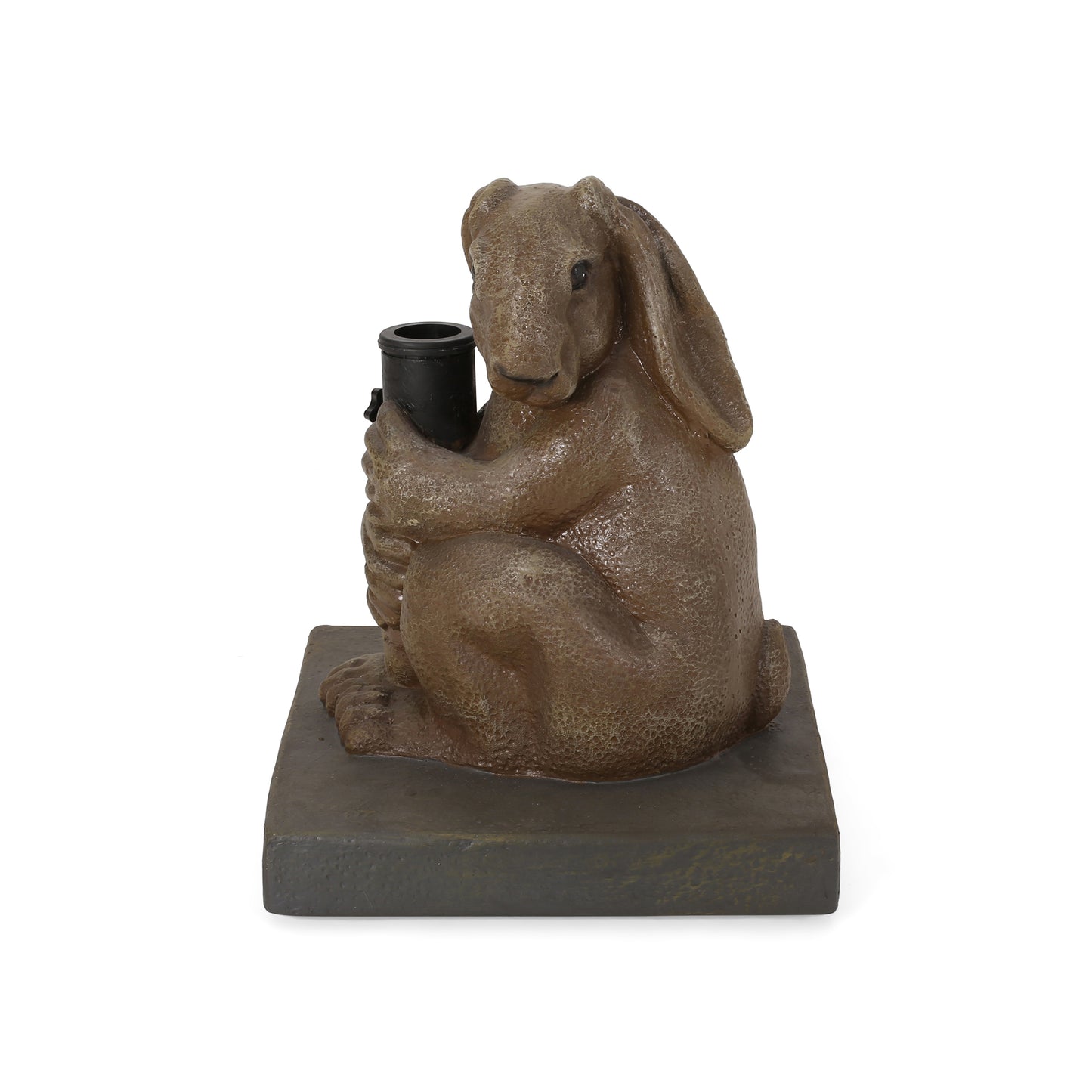 Brown resin rabbit statue holding black cylindrical holder ideal for garden decor