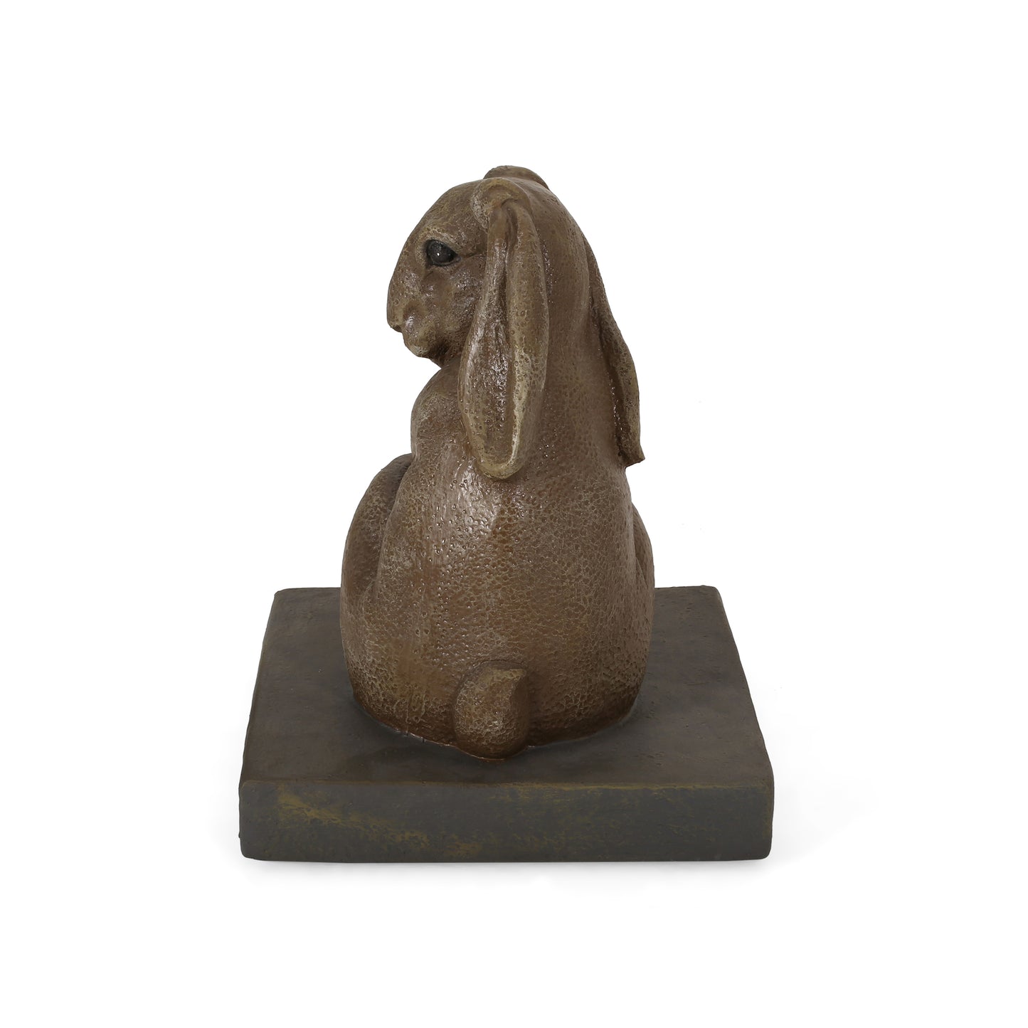 Textured bronze bunny statue sitting on a dark square base garden decor