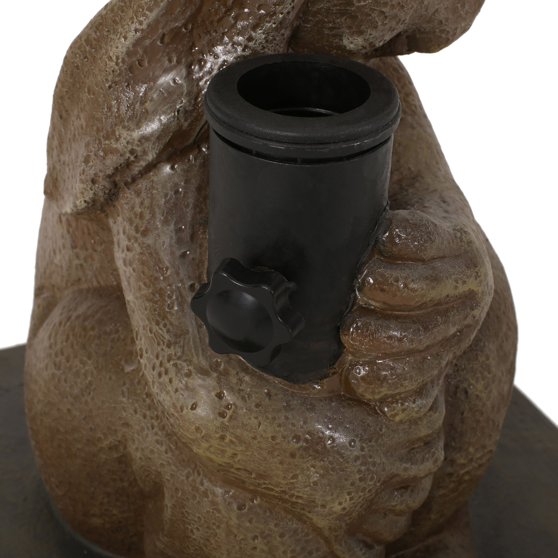 Brown resin garden gnome holding a black umbrella stand adapter with a starshaped knob
