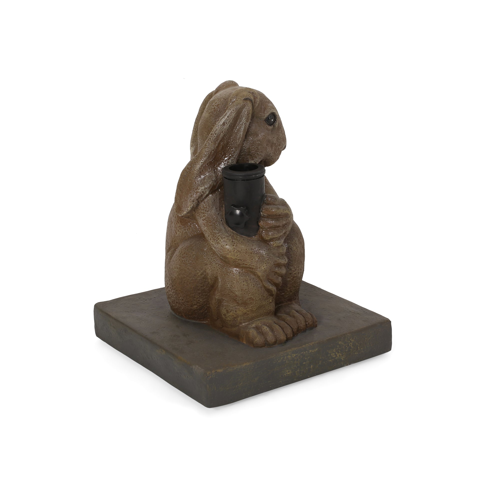 Brown resin rabbit garden statue holding a black bird feeder