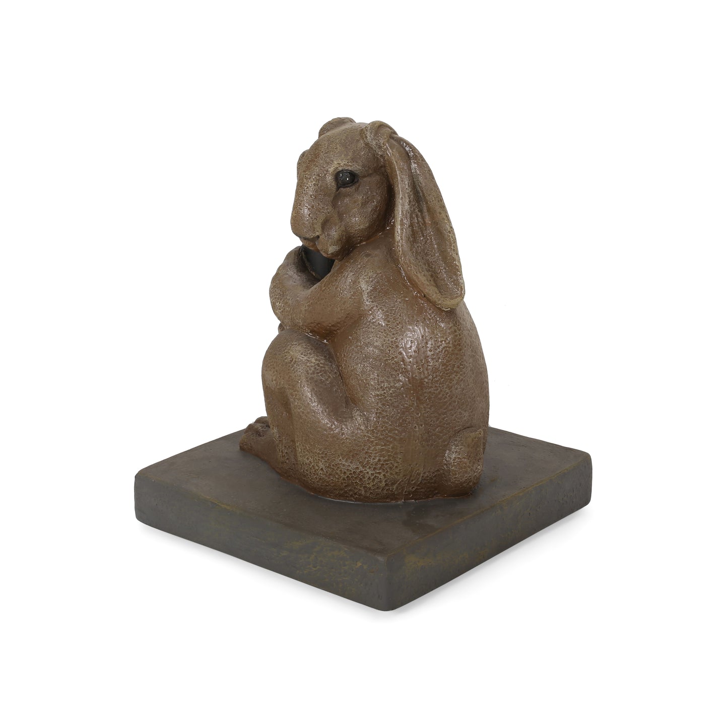 Brown resin bunny sculpture holding a sphere on a dark base