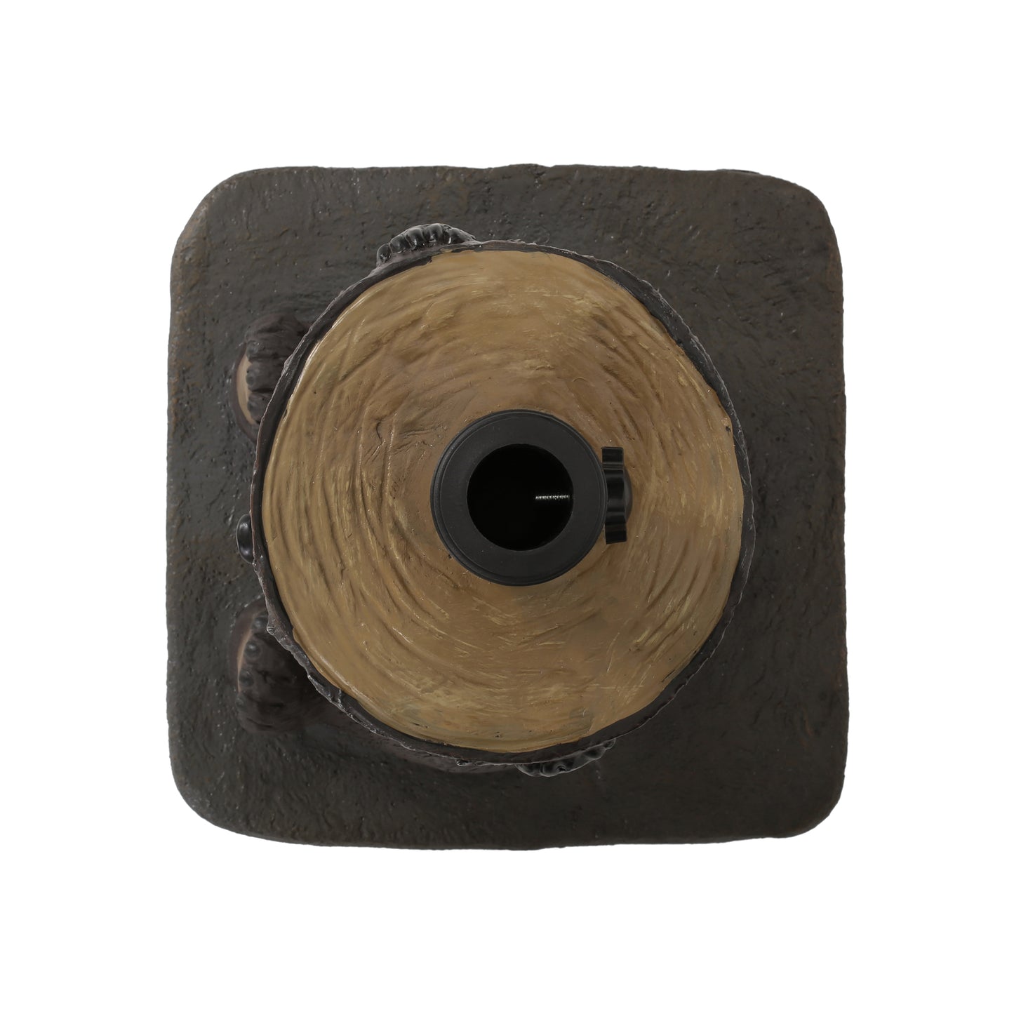 Rustic brown tree stand base with textured finish featuring a secure trunk holder