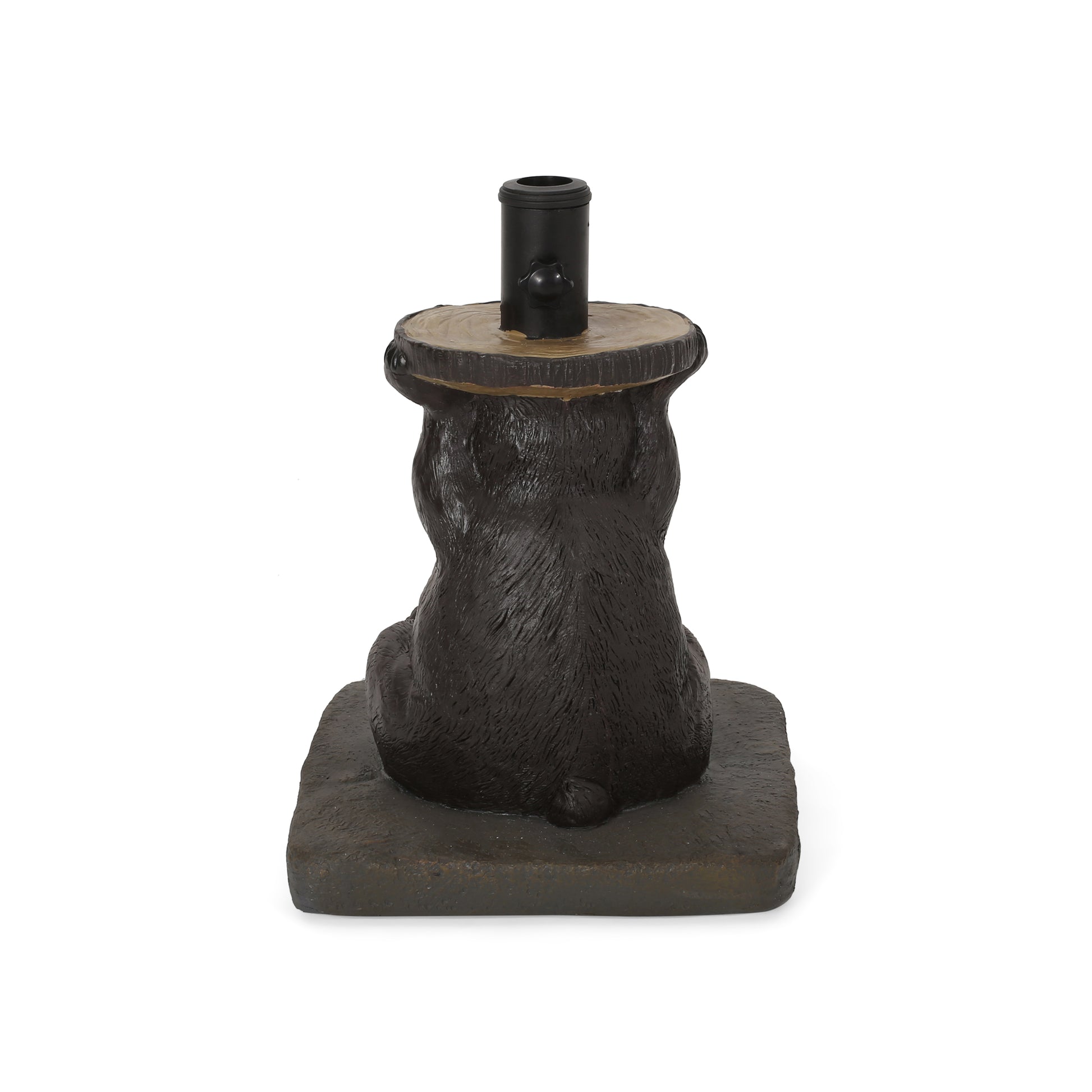 Black bear shaped candle holder with wood log top and dark base