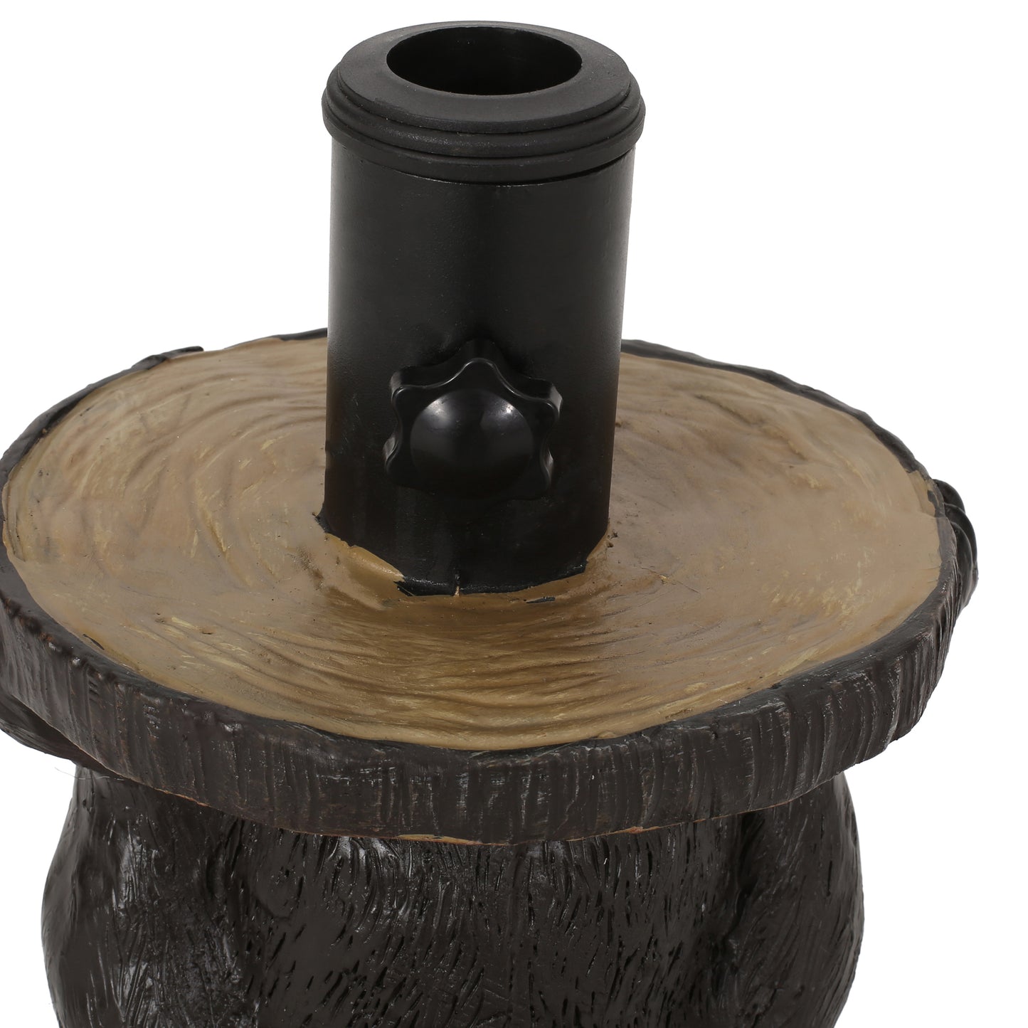Rustic black bear garden stake holder with textured woodlook top and adjustable screw