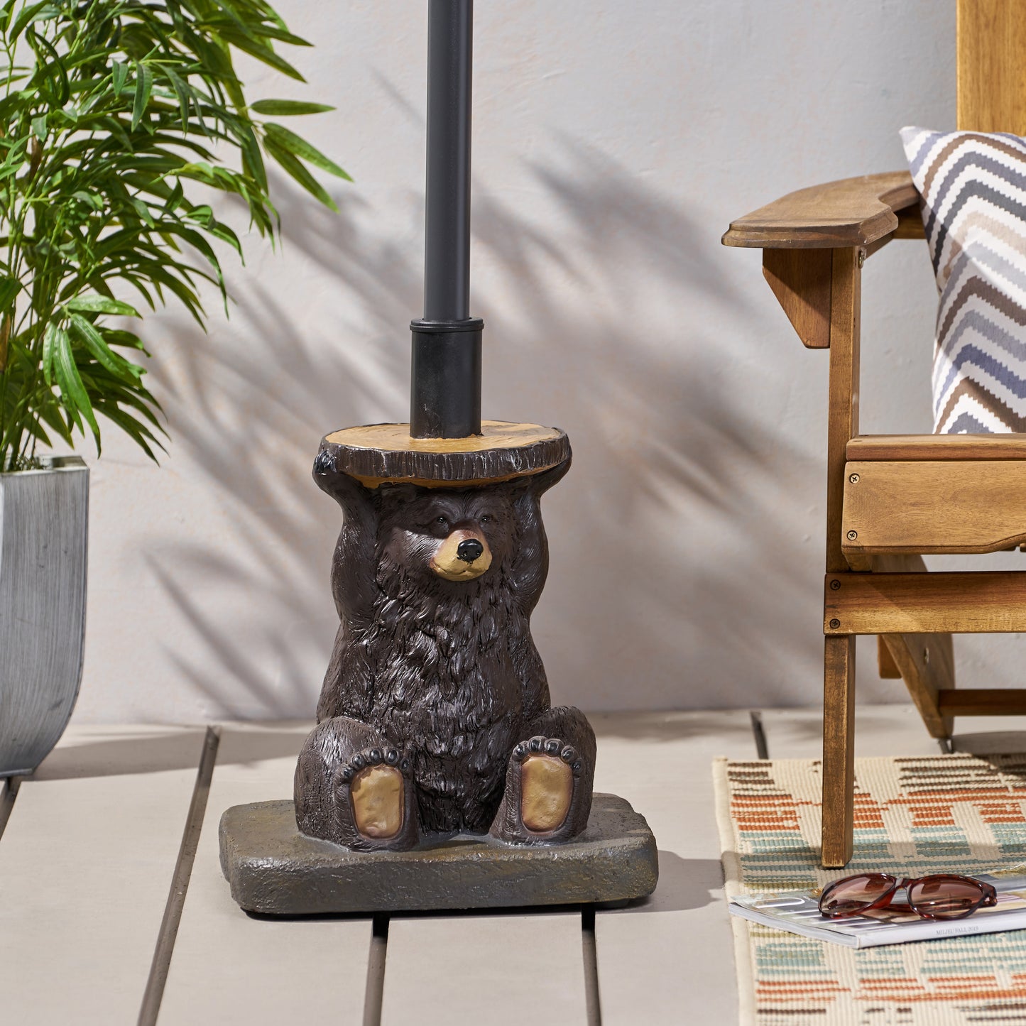 Brown bear umbrella stand with woodgrain detail outdoor patio decor