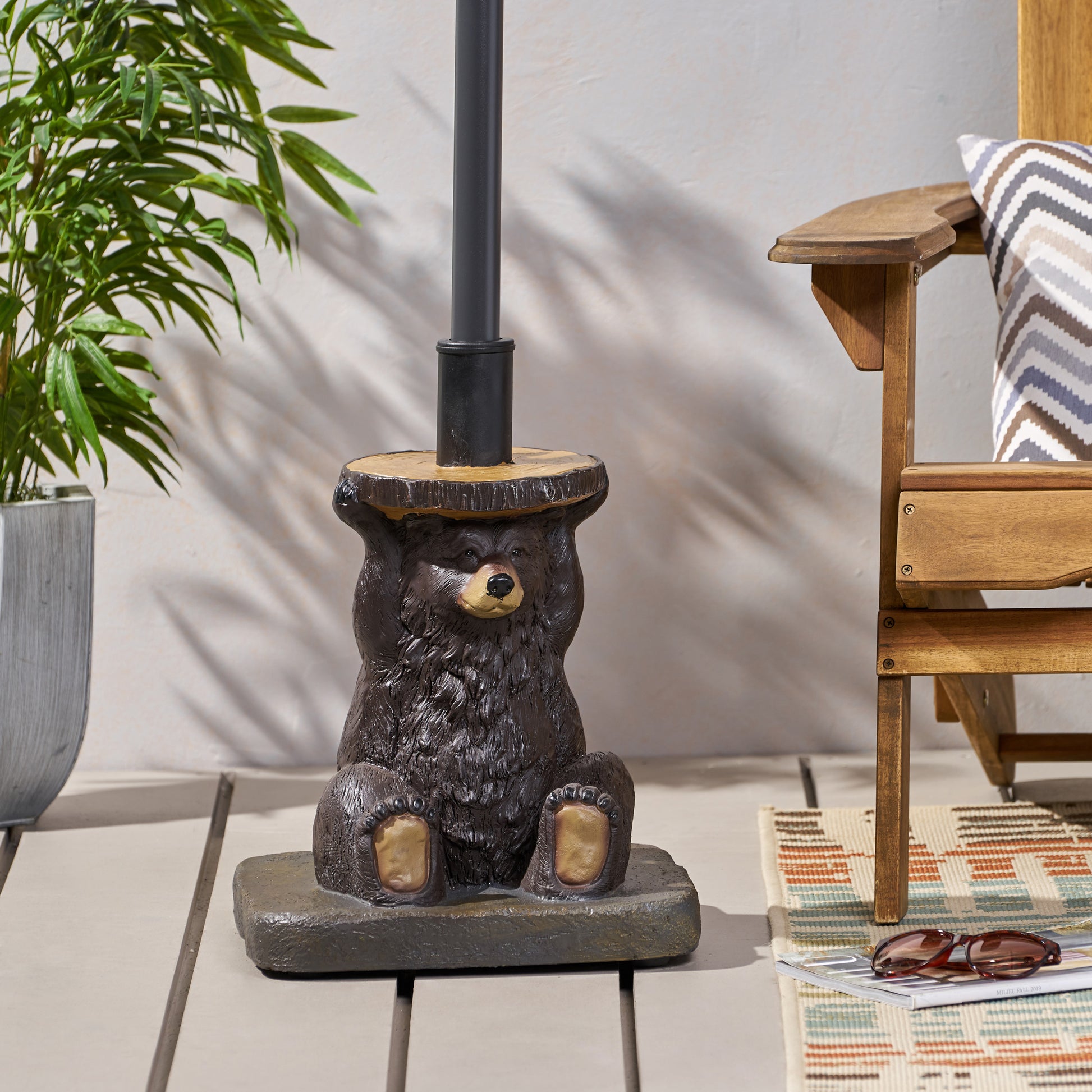 Brown bear umbrella stand with woodgrain detail outdoor patio decor