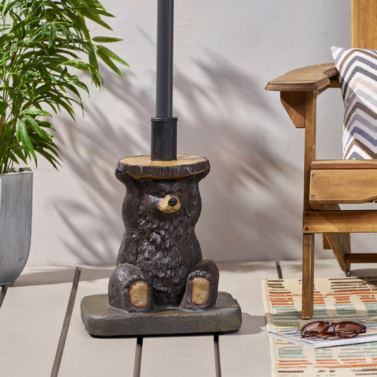 Brown bear umbrella stand with woodgrain detail outdoor patio decor