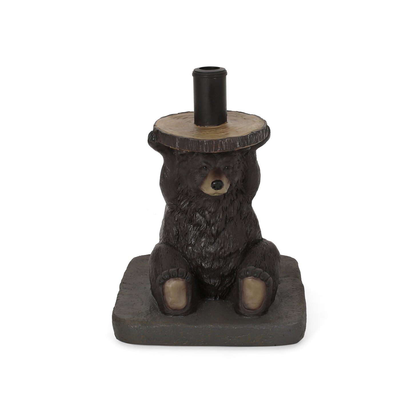 Black bear resin candle holder weathered wood log top rustic outdoor decor