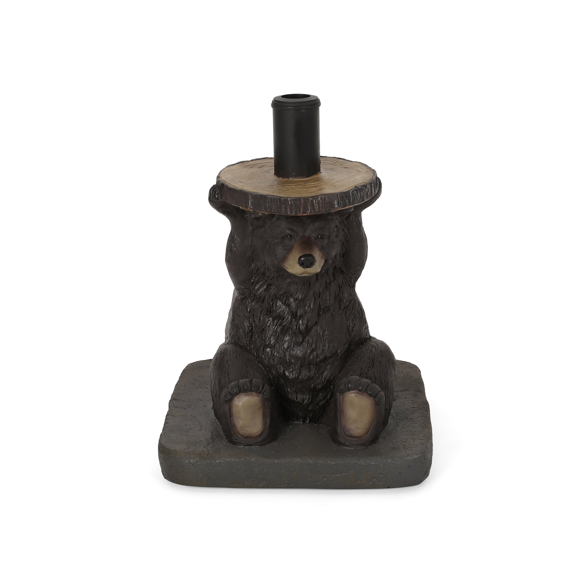 Black bear resin candle holder weathered wood log top rustic outdoor decor