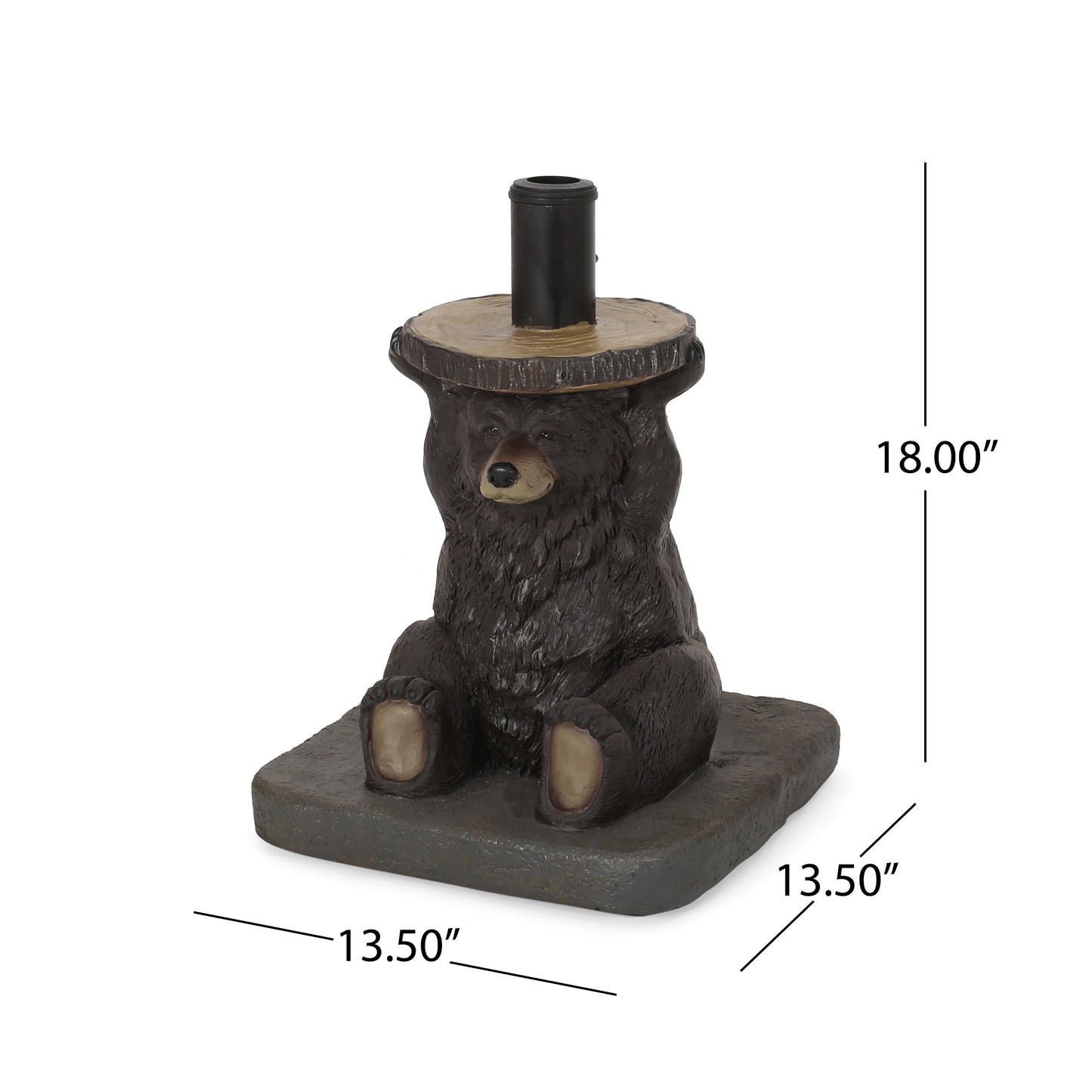 Black bear statue holding a wood log with a torch holder outdoor decor