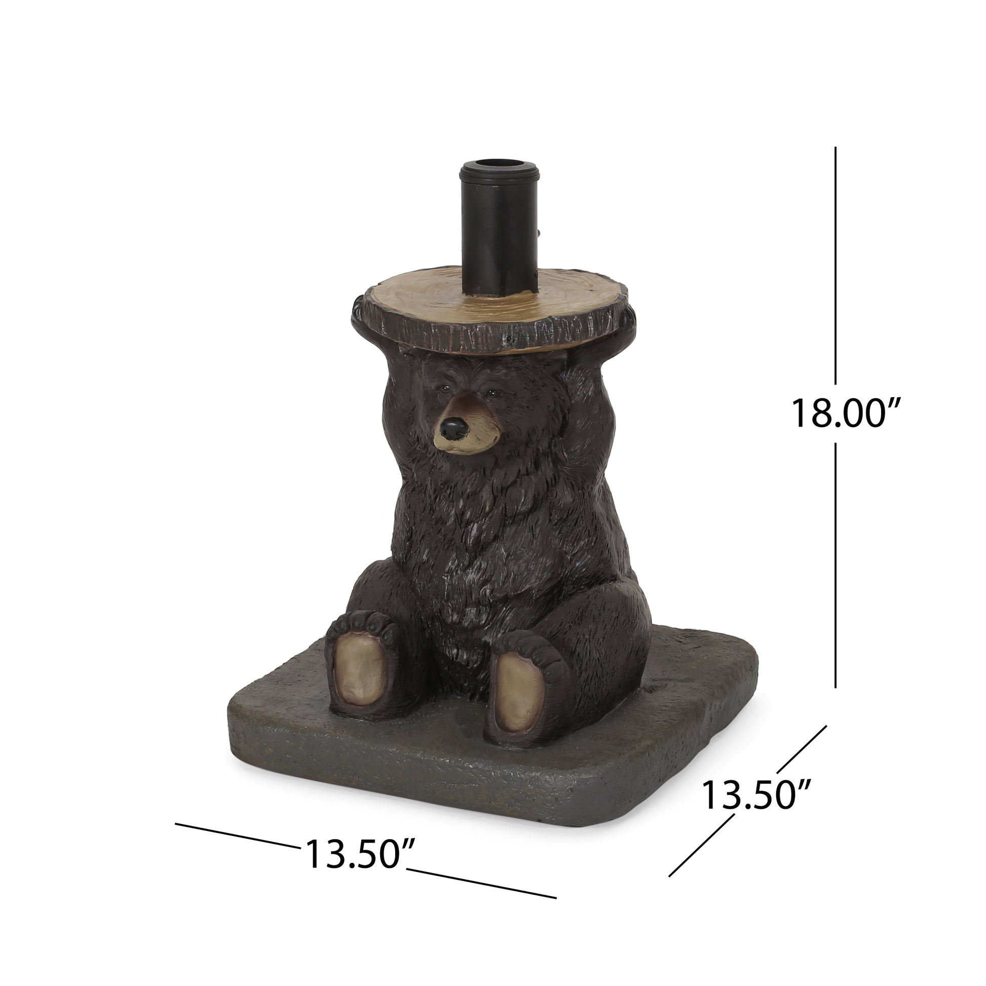 Black bear statue holding a wood log with a torch holder outdoor decor