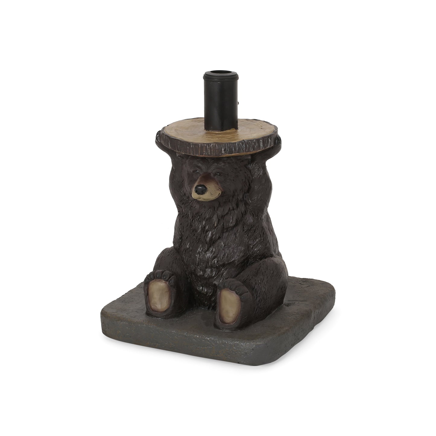 Rustic black bear statue with a woodslice top perfect for outdoor patio decor
