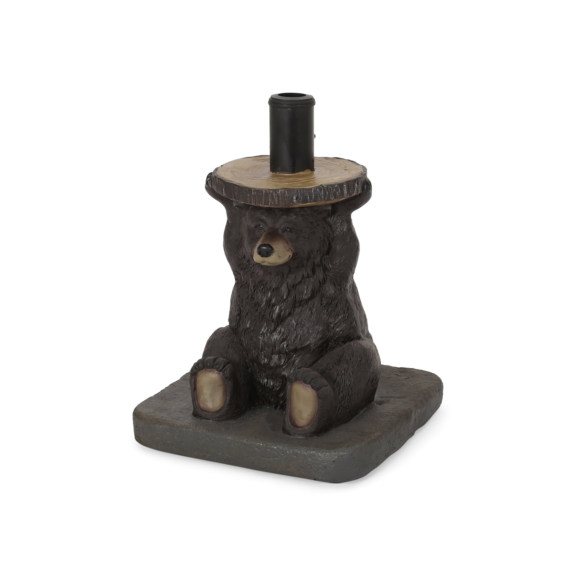 Rustic black bear statue with a woodslice top perfect for outdoor patio decor