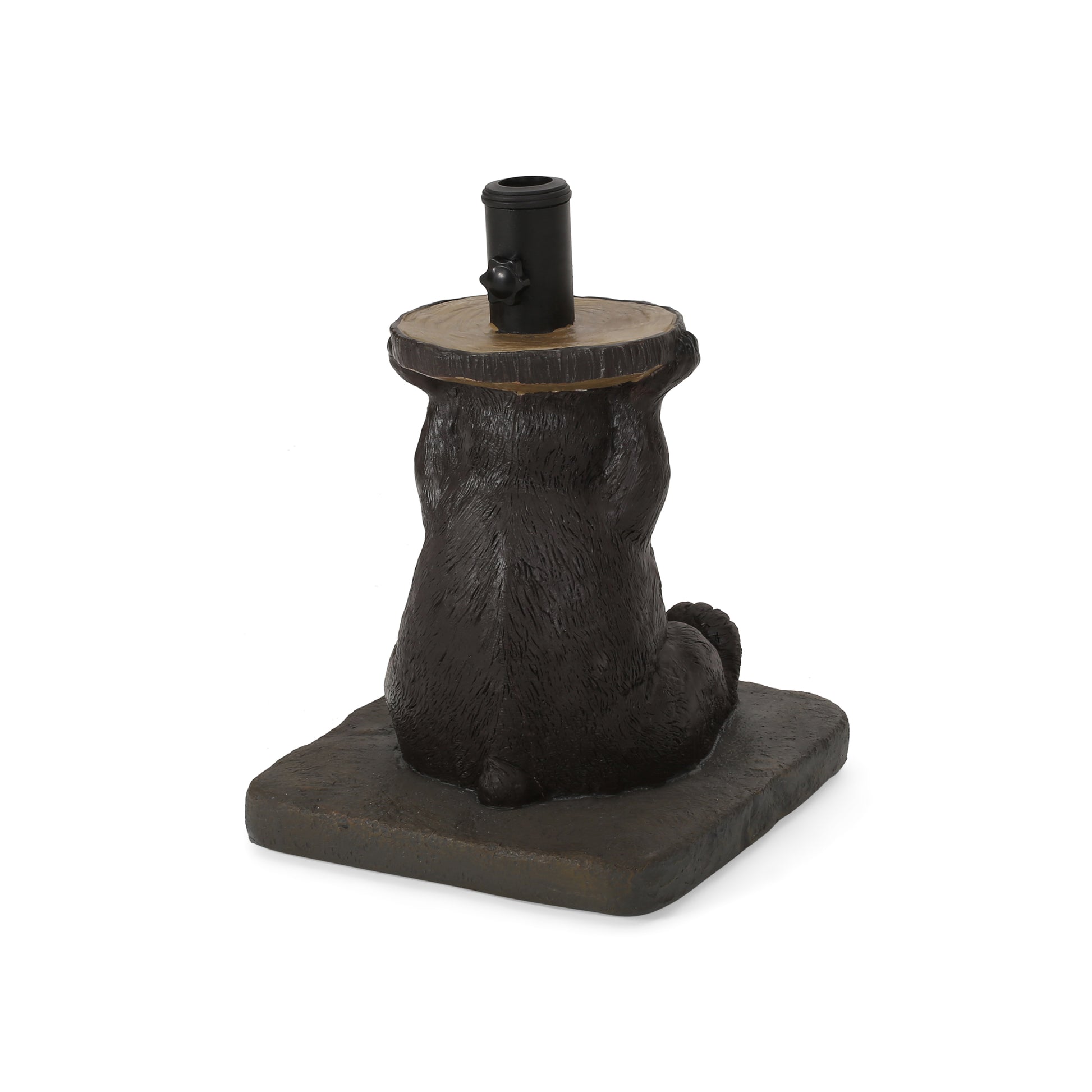 Dark brown resin bear figurine holding a faux wood stump candle holder