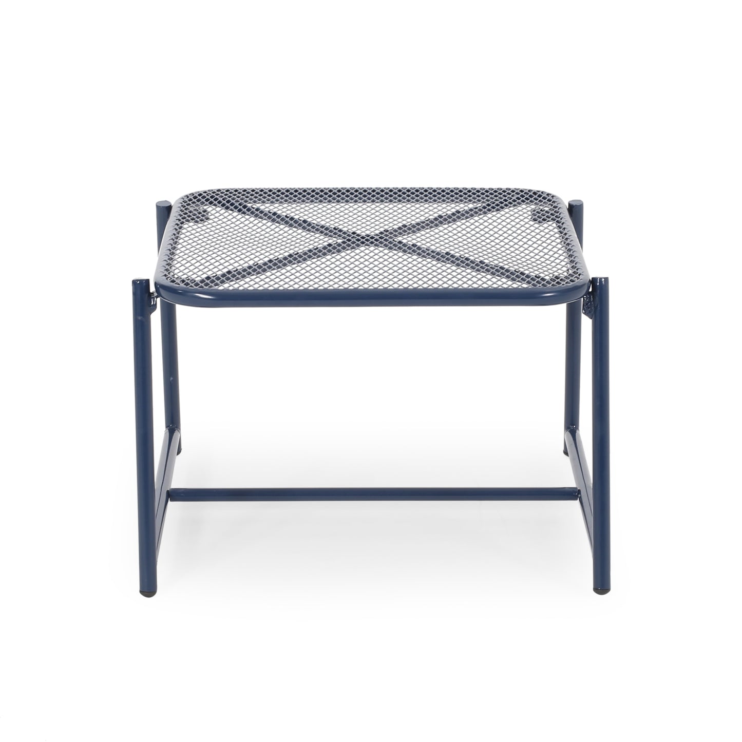 Dark blue metal mesh ottoman with Xshaped bracing for stability