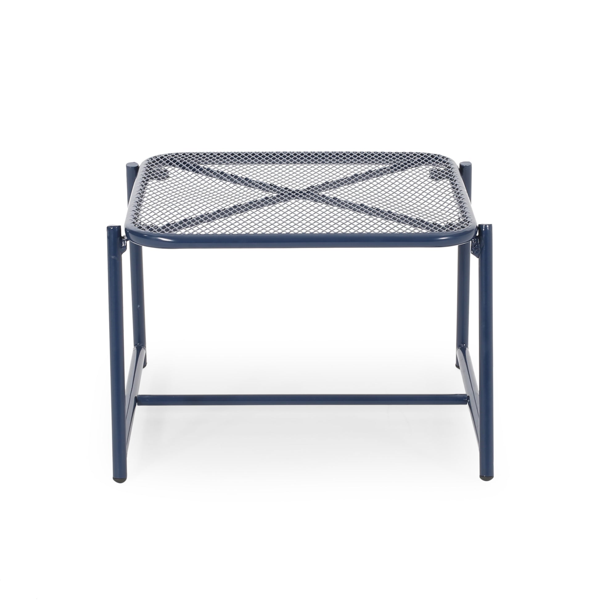 Dark blue metal mesh ottoman with Xshaped bracing for stability
