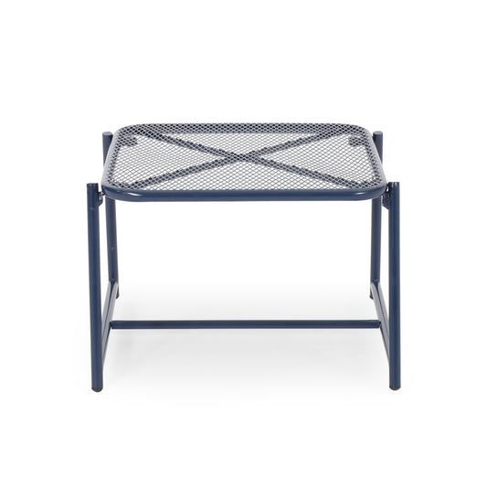 Dark blue metal mesh ottoman with Xshaped bracing for stability