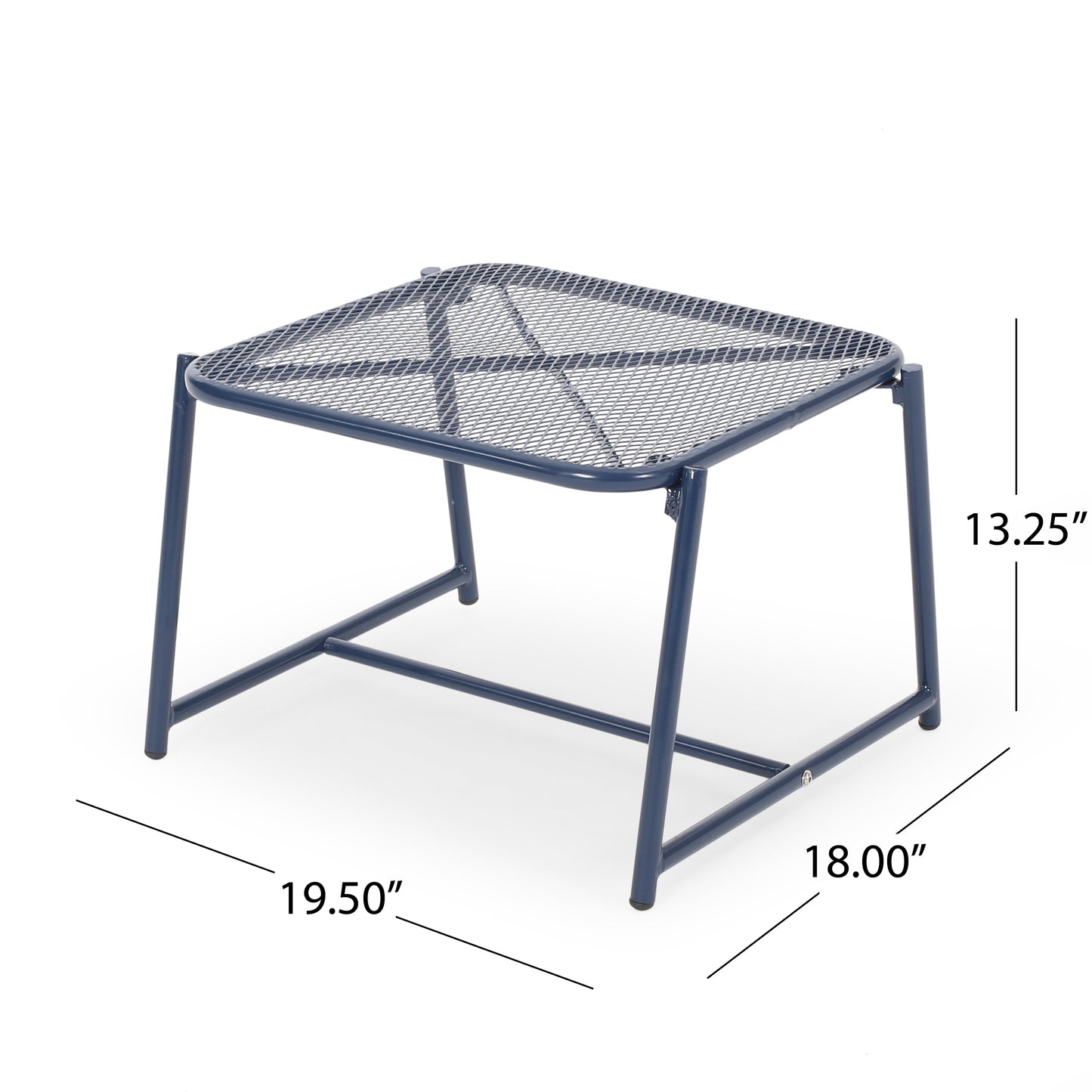 Navy blue metal mesh outdoor ottoman with powdercoated steel frame