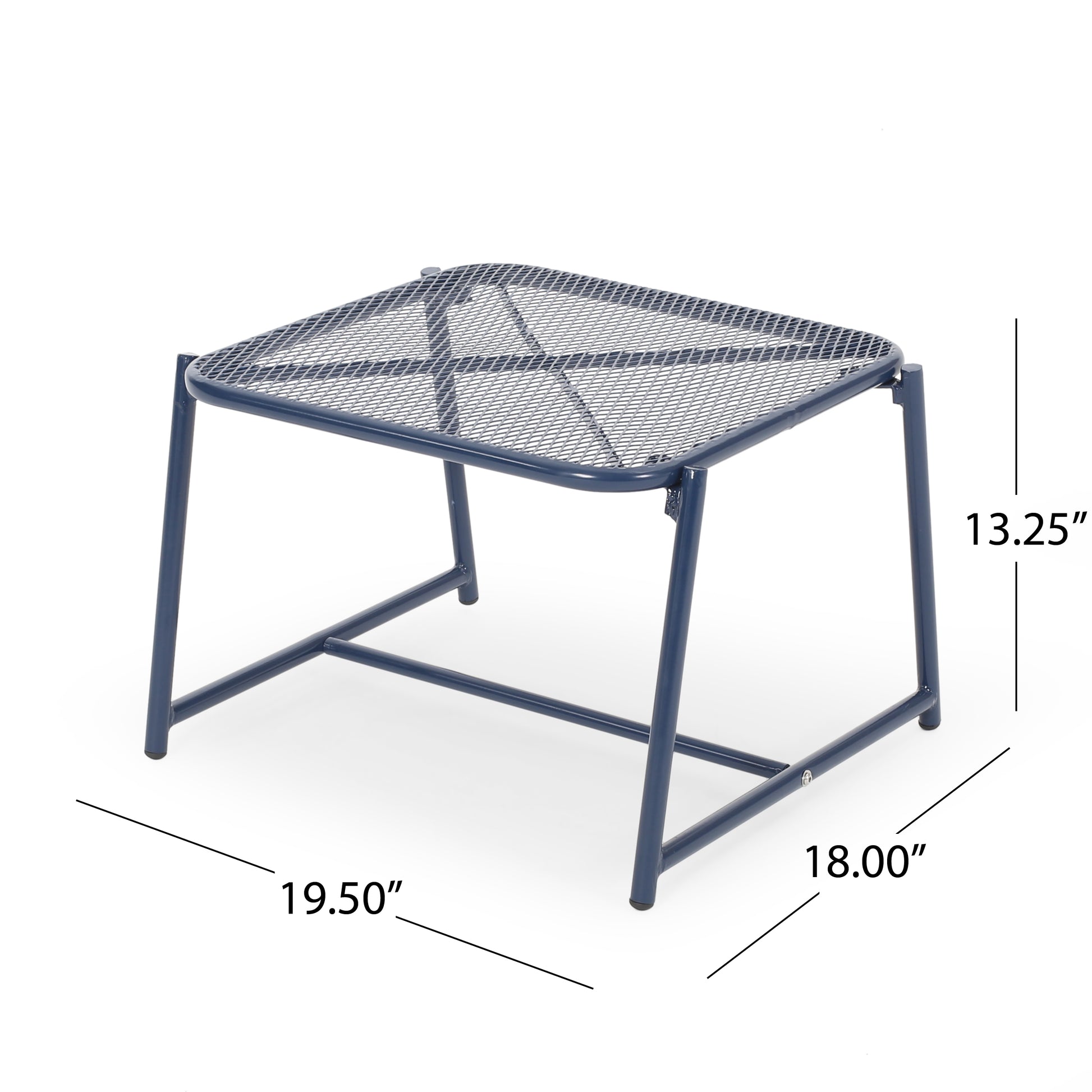 Navy blue metal mesh outdoor ottoman with powdercoated steel frame