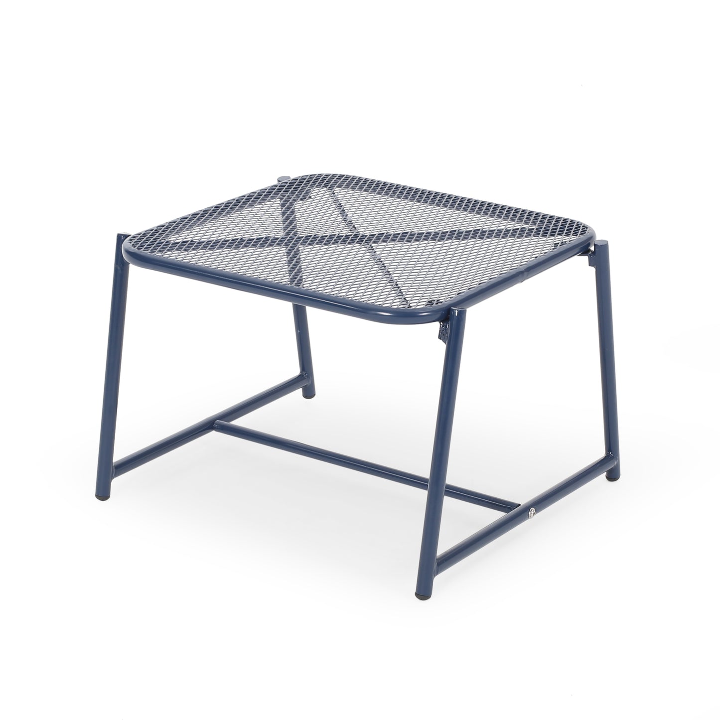 Navy blue metal mesh stool with clean modern lines for outdoor seating