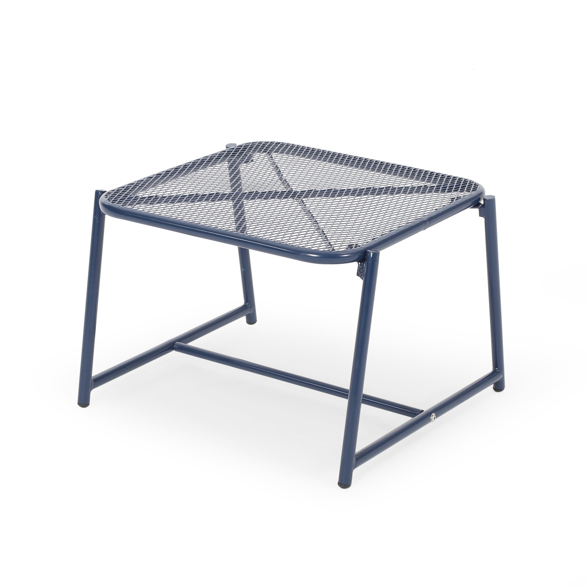 Navy blue metal mesh stool with clean modern lines for outdoor seating