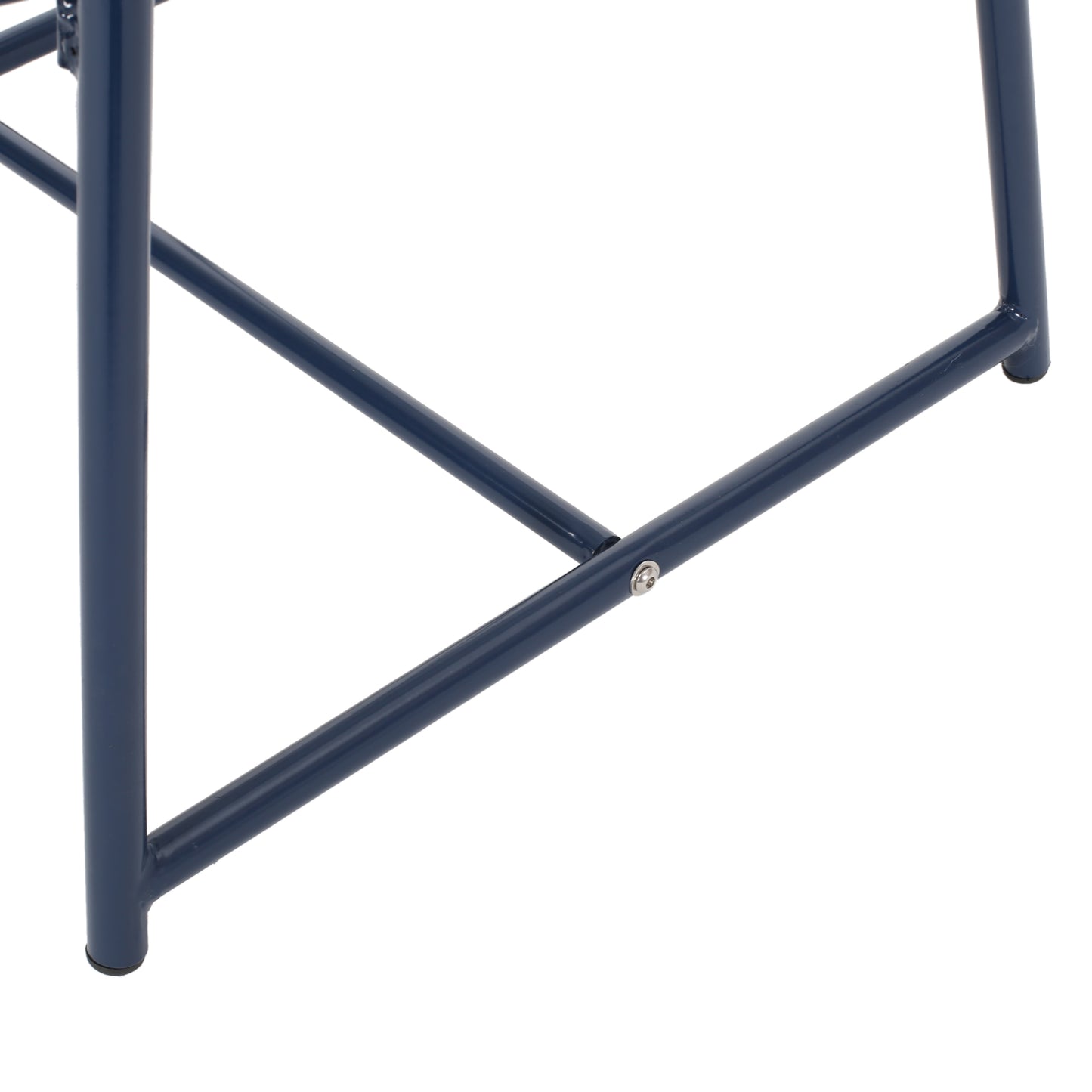 Closeup of navy blue metal stool legs with a supporting crossbar