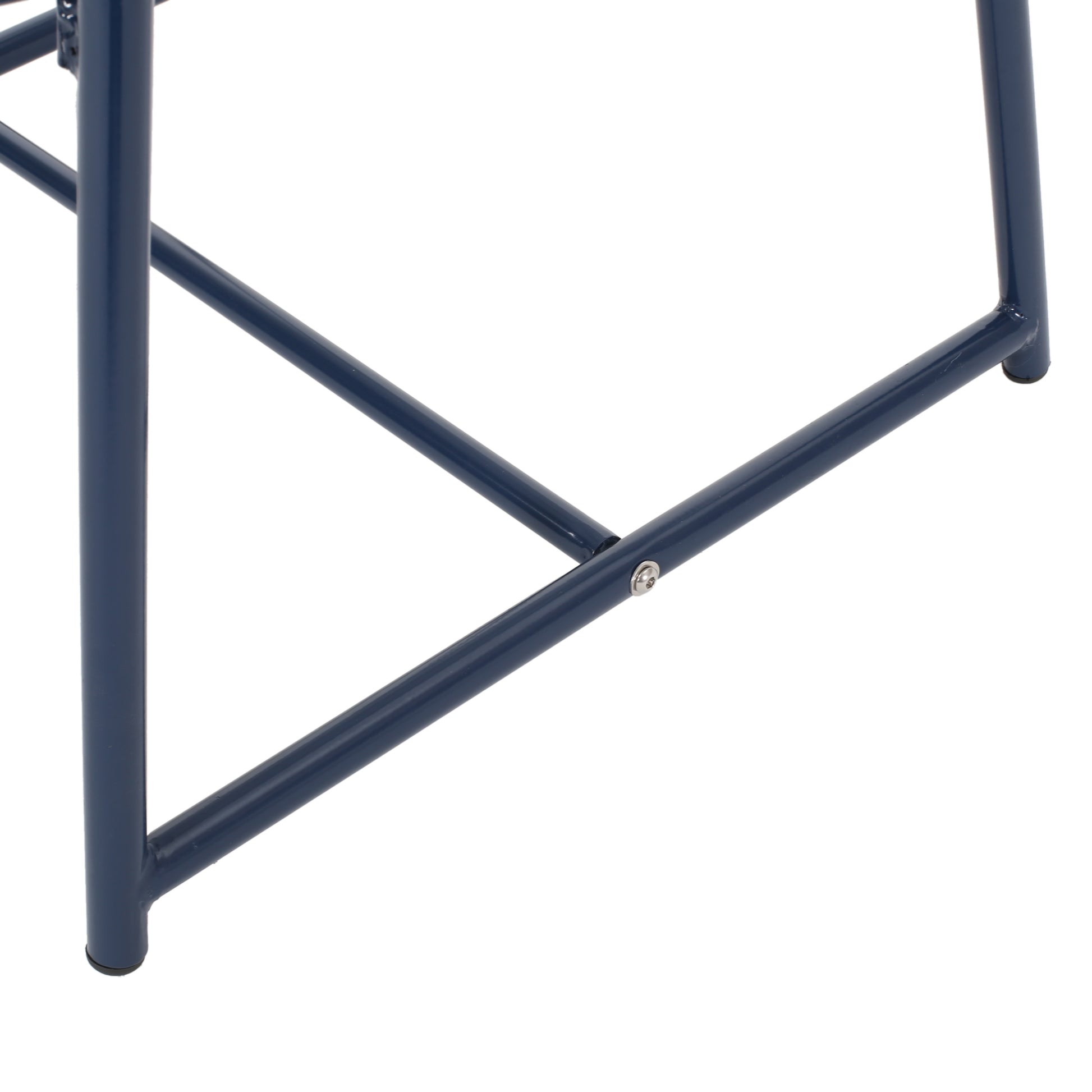 Closeup of navy blue metal stool legs with a supporting crossbar