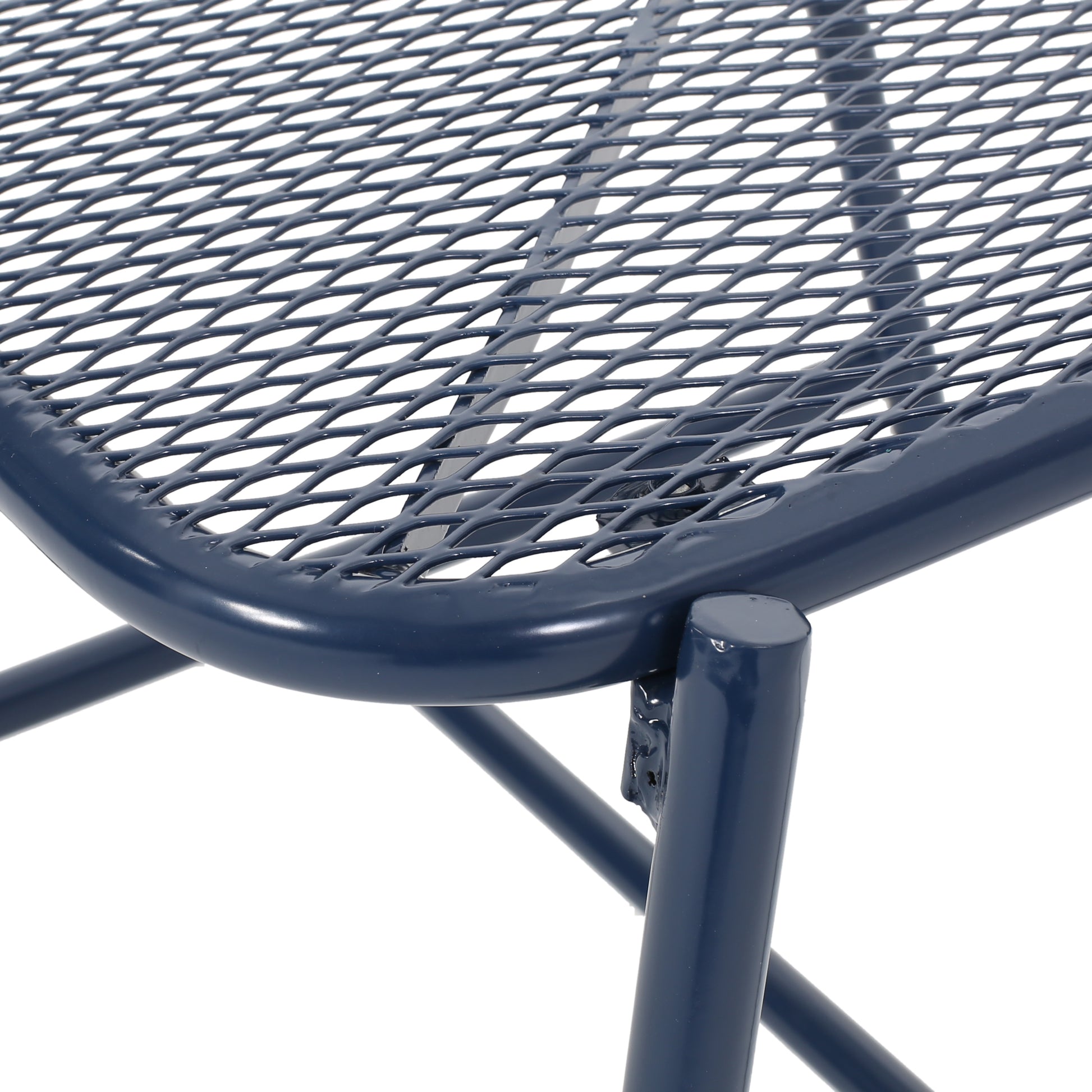 Dark blue metal mesh patio chair detail with curved frame and round legs