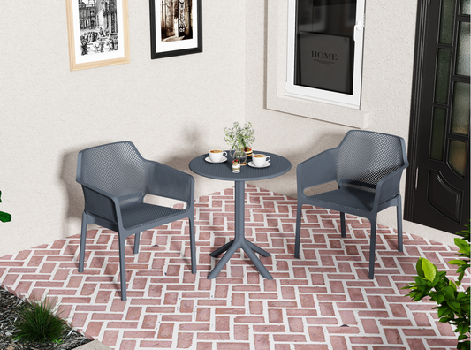 Dark grey perforated patio chairs with modern design set for outdoor relaxation