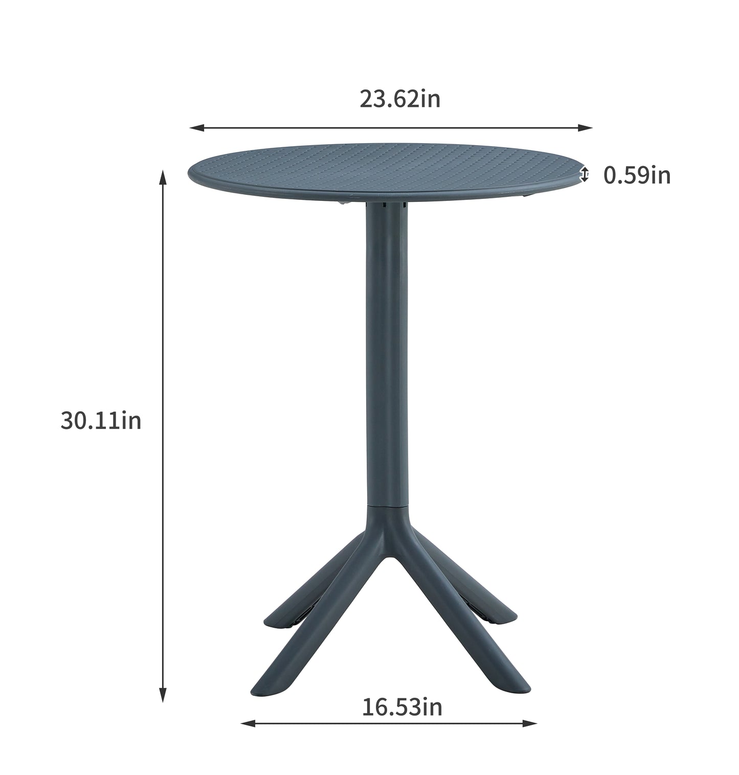 Gray circular outdoor bistro table with a perforated top and tripod base