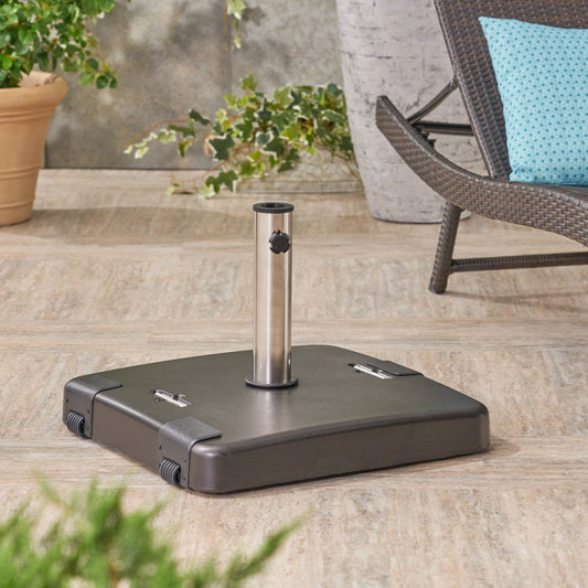 Dark gray square outdoor umbrella base with silver pole and black knob includes wheels