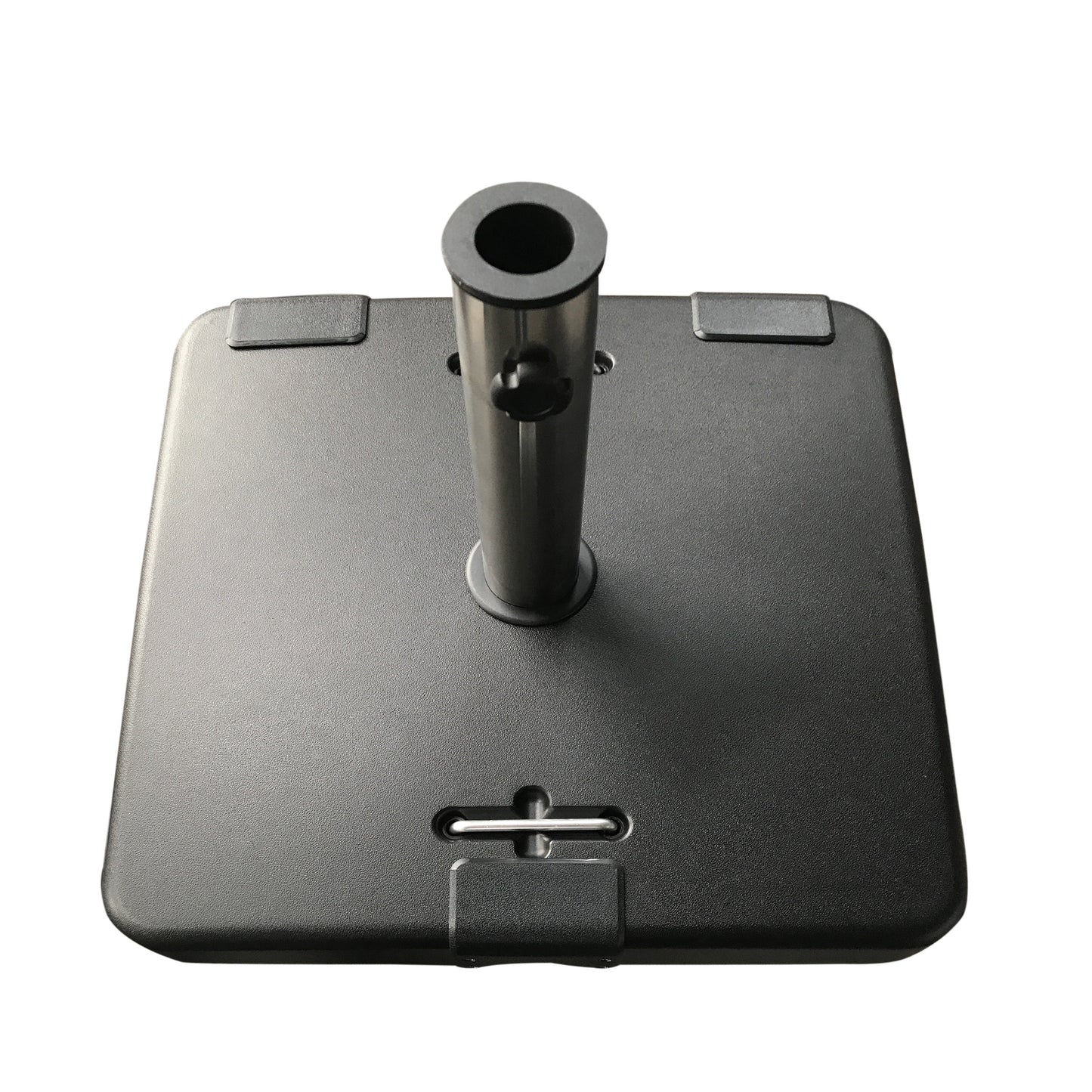 Black plastic patio umbrella base with adjustable pole holder and securing knob