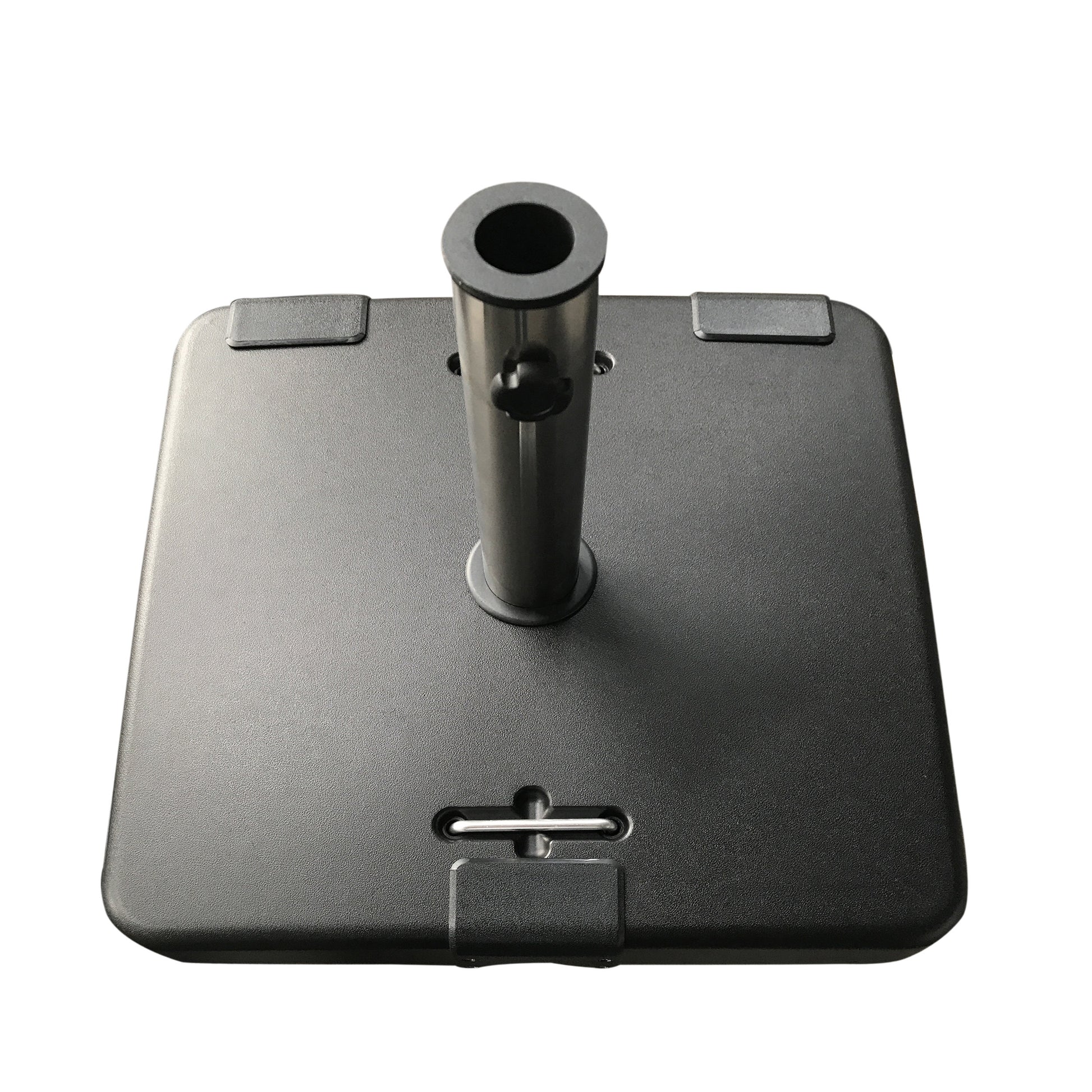 Black plastic patio umbrella base with adjustable pole holder and securing knob