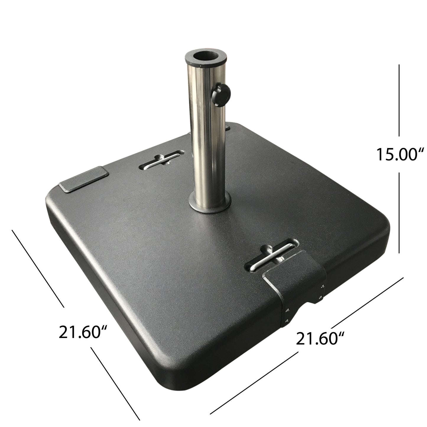 Black square patio umbrella base  wide with silver pole holder