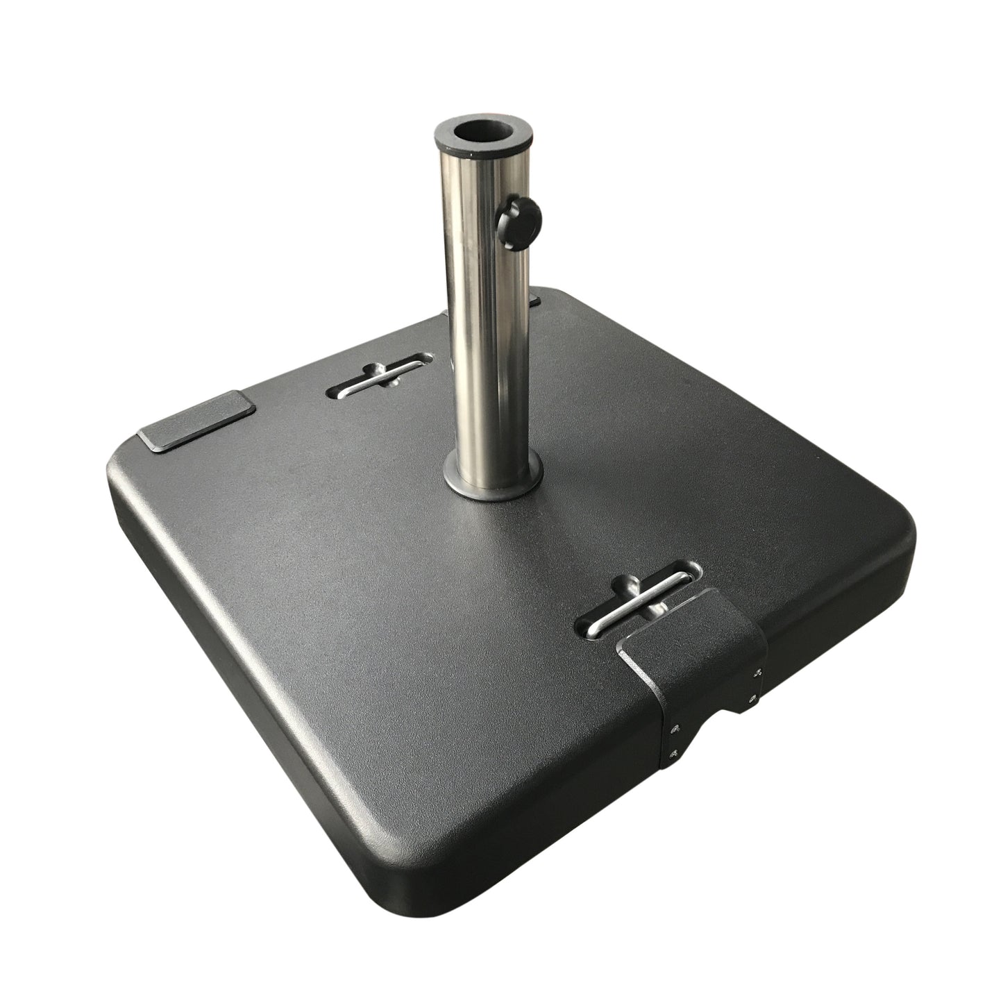 Square patio umbrella base with black textured finish and silver pole holder