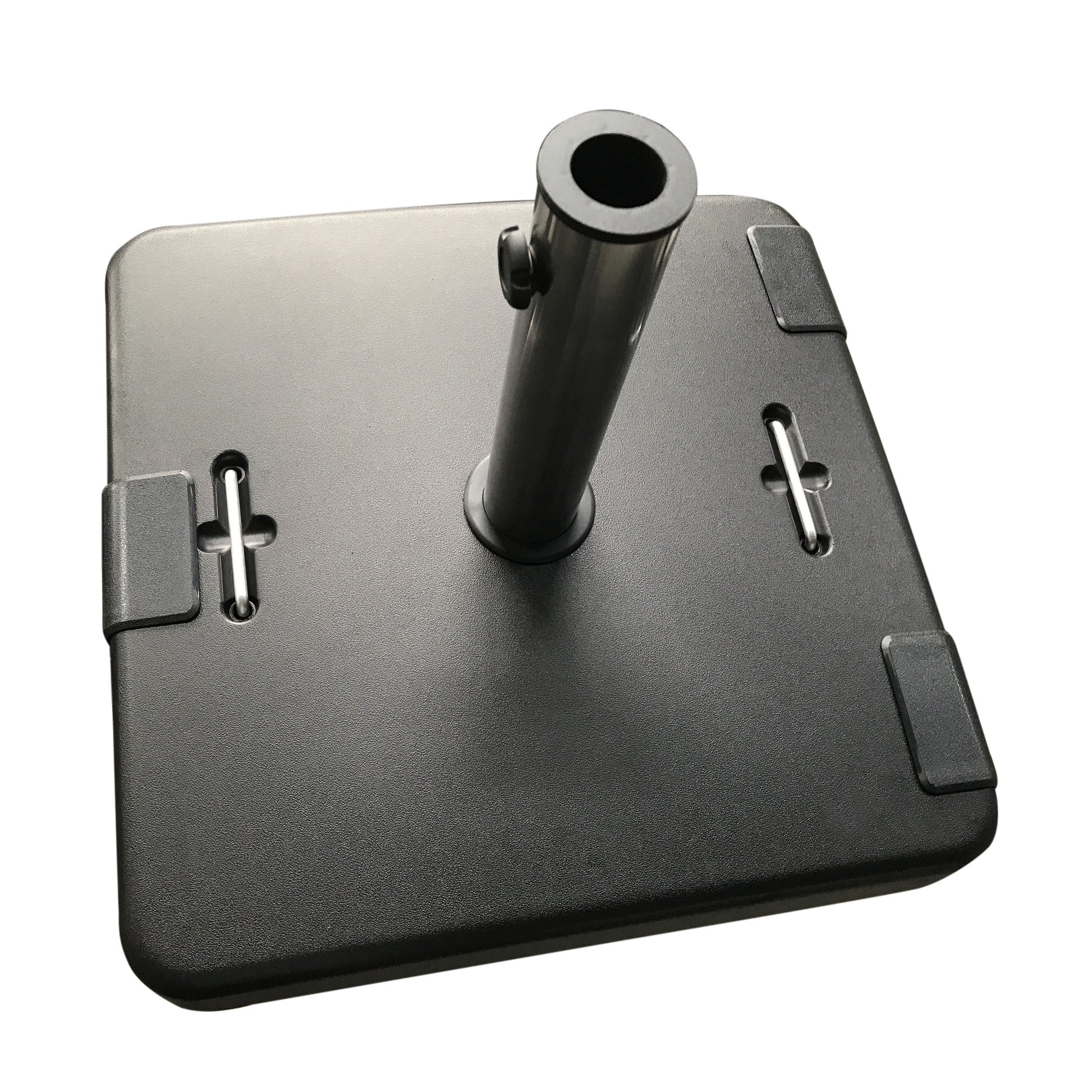 Black square patio umbrella base with durable resin construction and metal pole holder