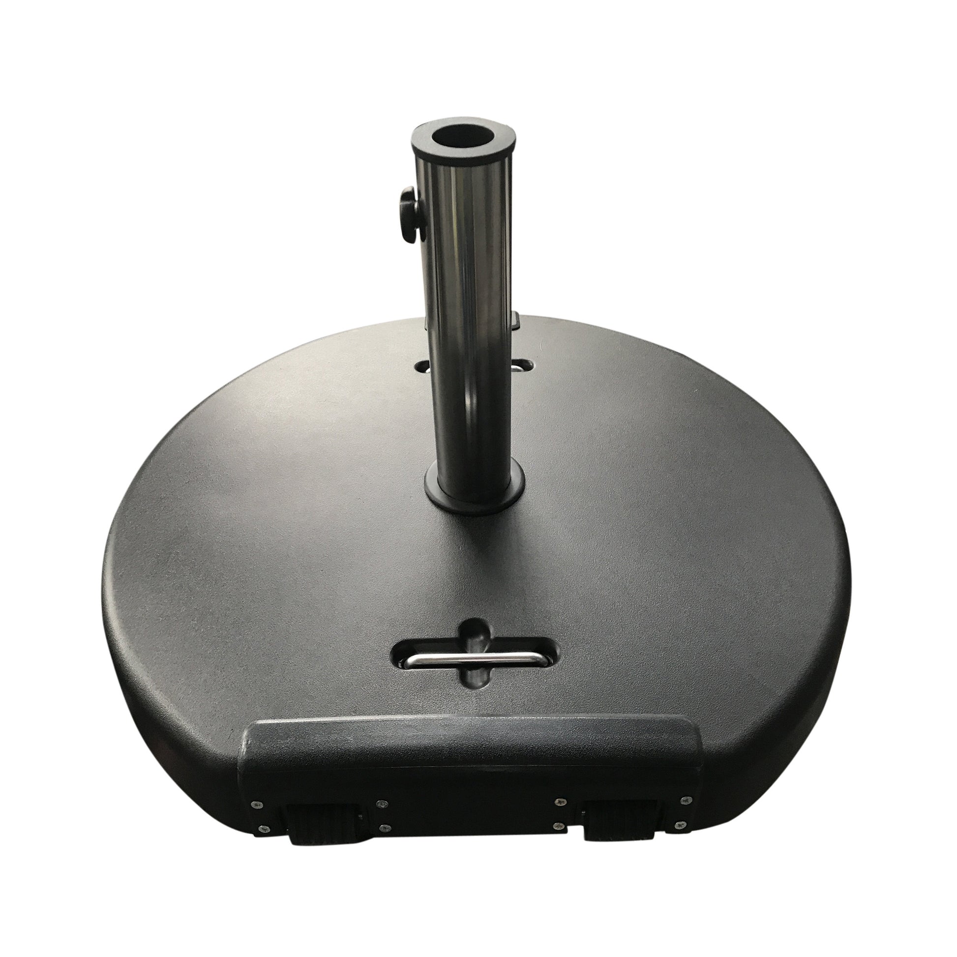 Heavyduty black patio umbrella base with wheels for stable outdoor use