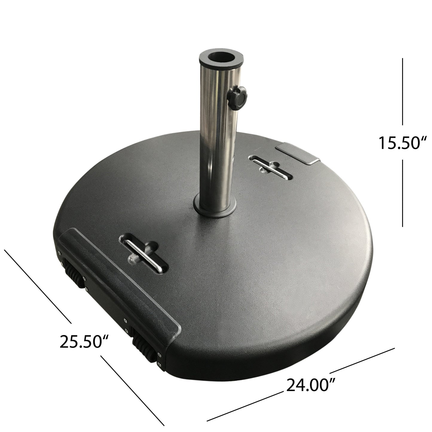 Heavy duty black patio umbrella base with silver pole and wheels