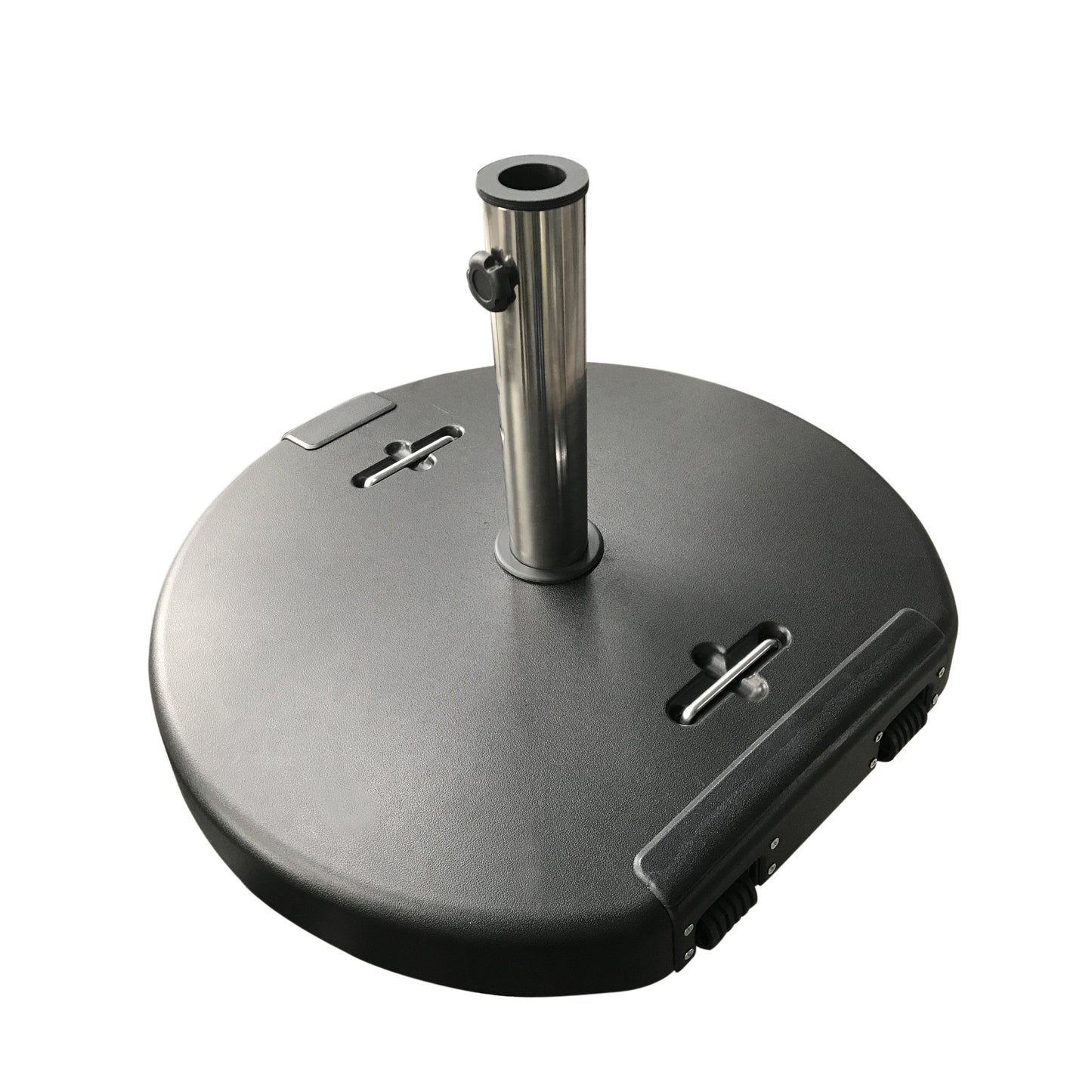 Black patio umbrella base with wheels for easy transport and stable outdoor support